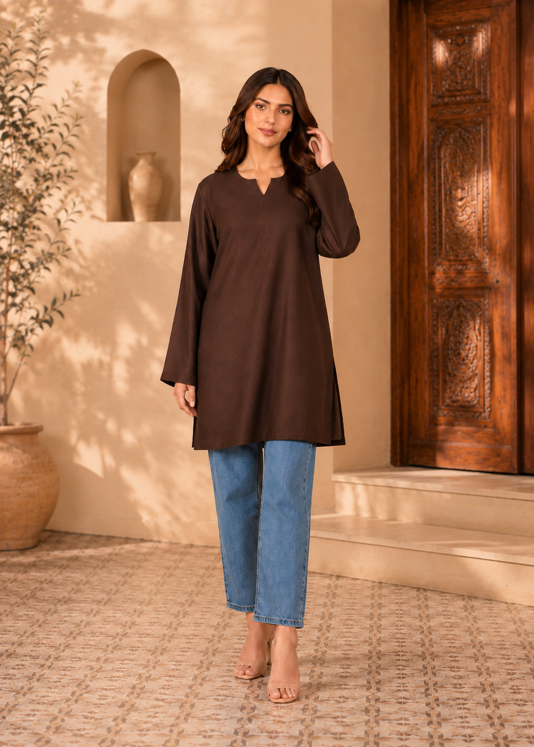 linen Kurti in Dark brown