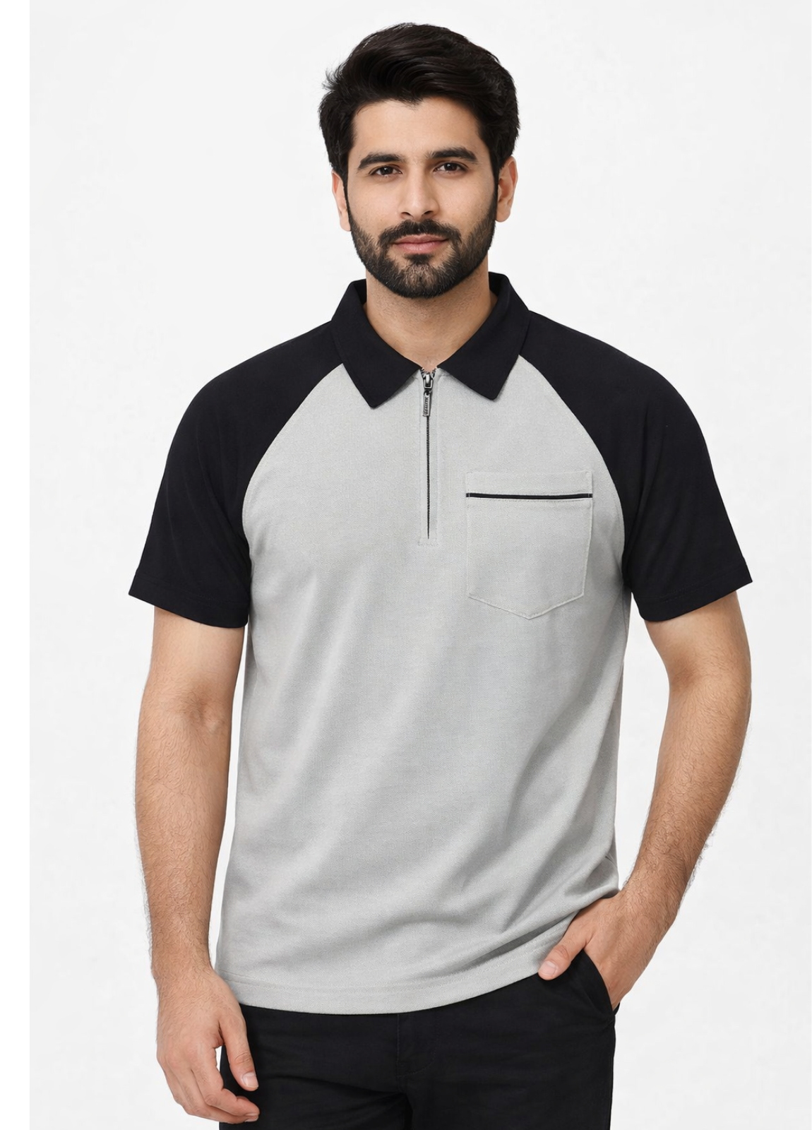 single jersey knit Polo Shirt in Ash grey, black