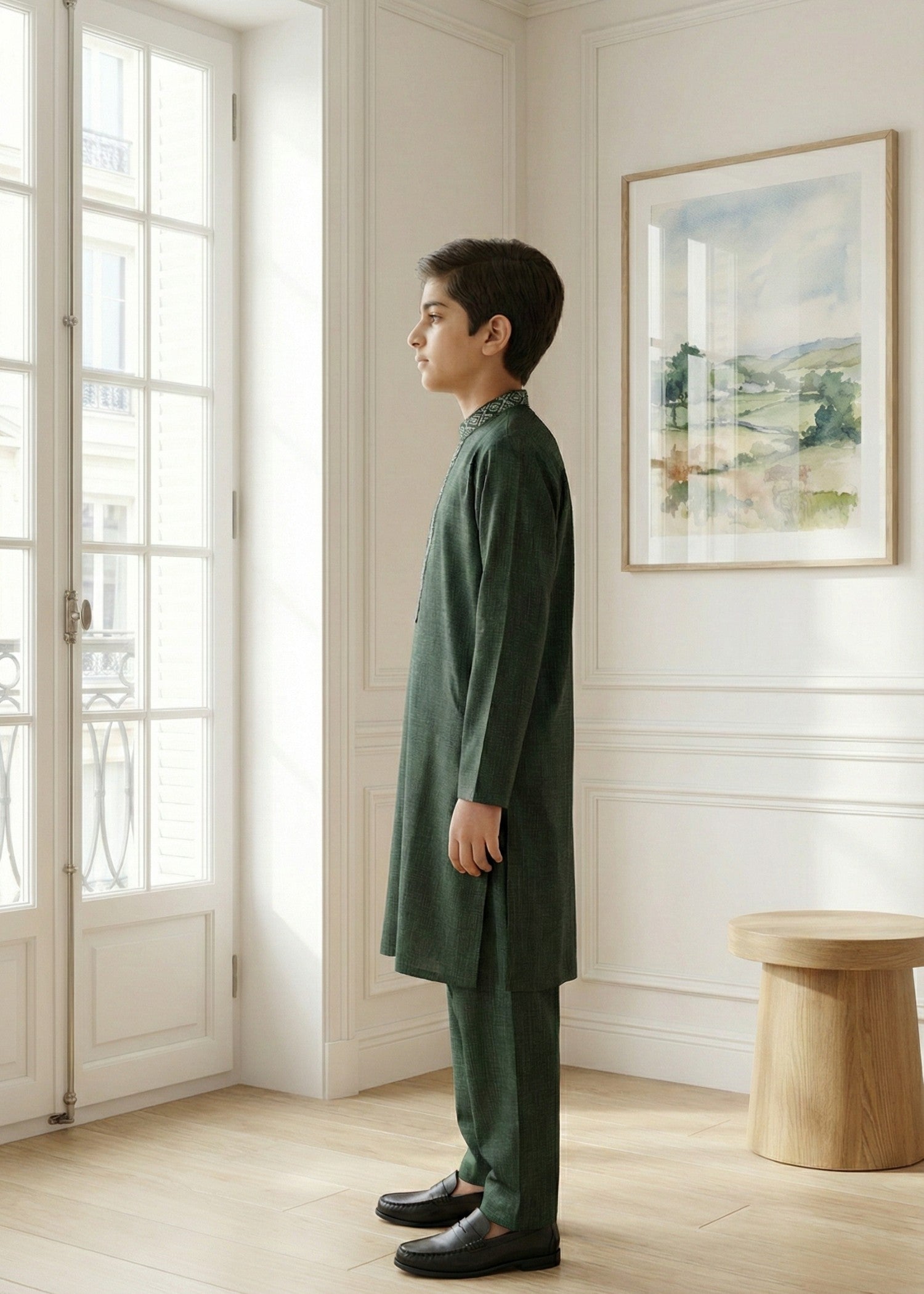 textured wash & wear Kurta Set in Green