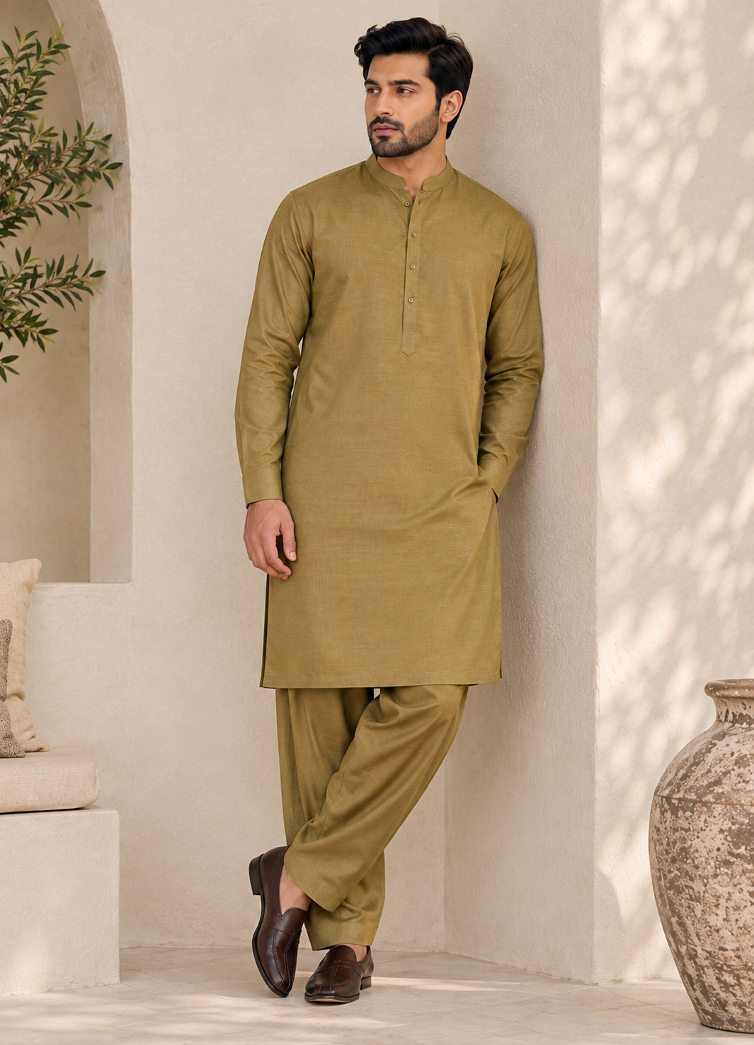 textured wash & wear Unstitched in Camel brown