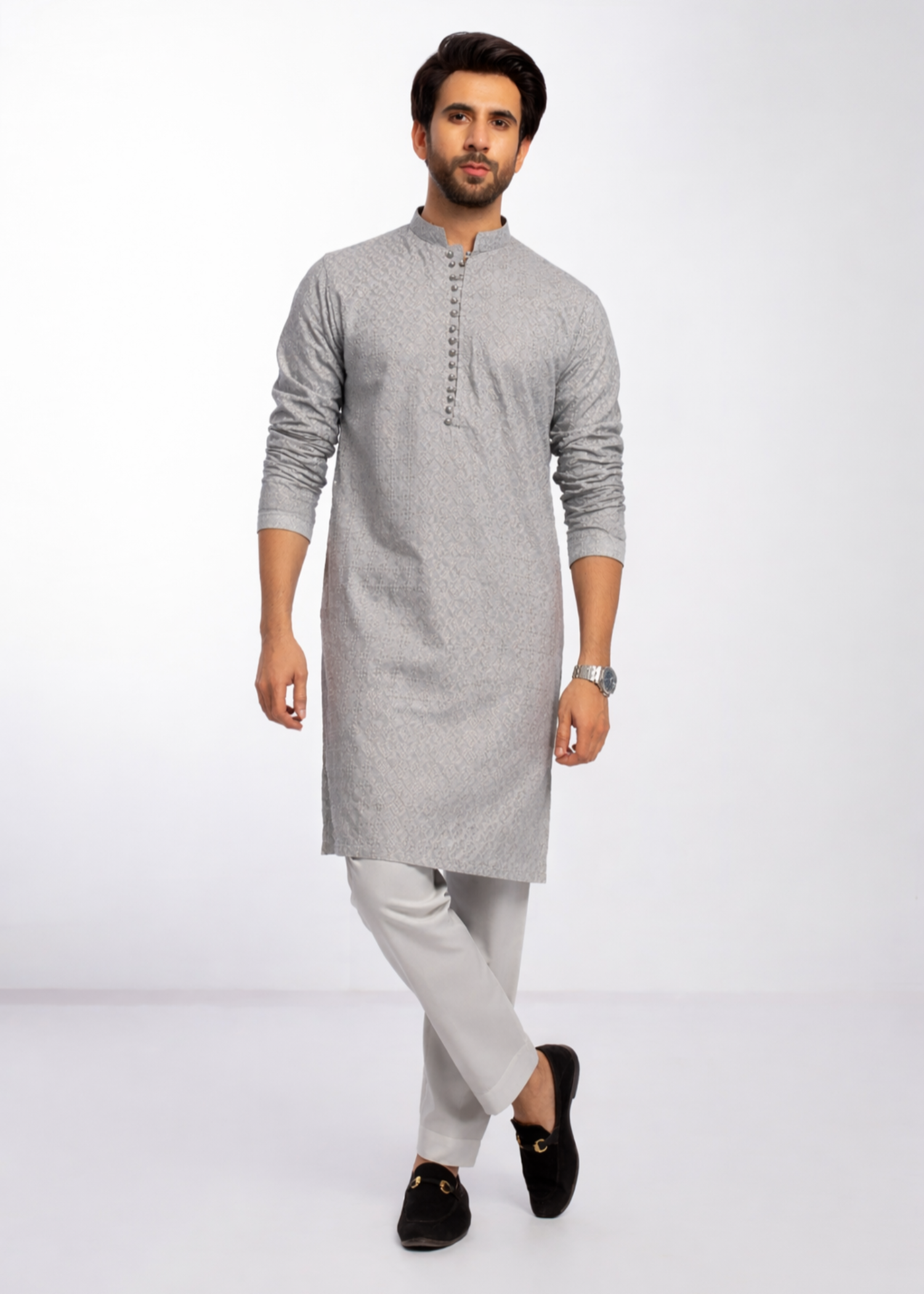 chikankari cotton Kurta Set in Ash grey by Decuir
