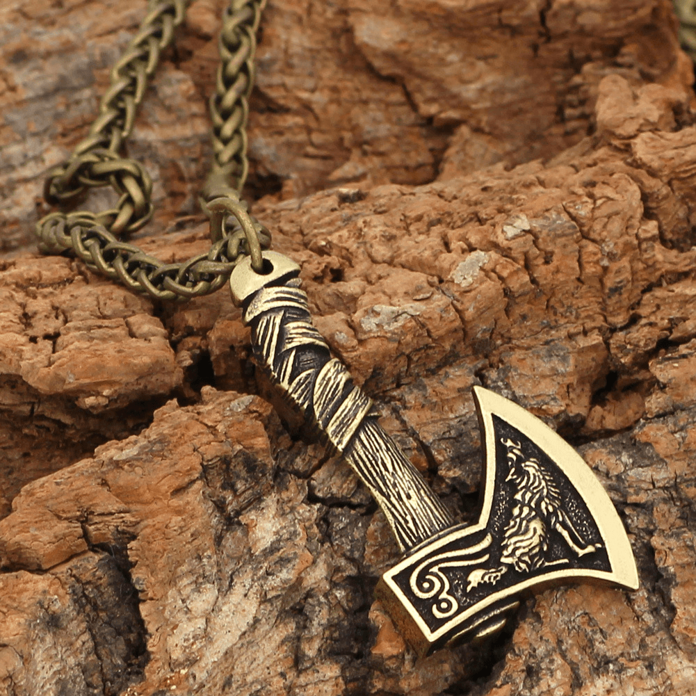 Celtic Wolf and Crow Double-Sided Axe Pendant