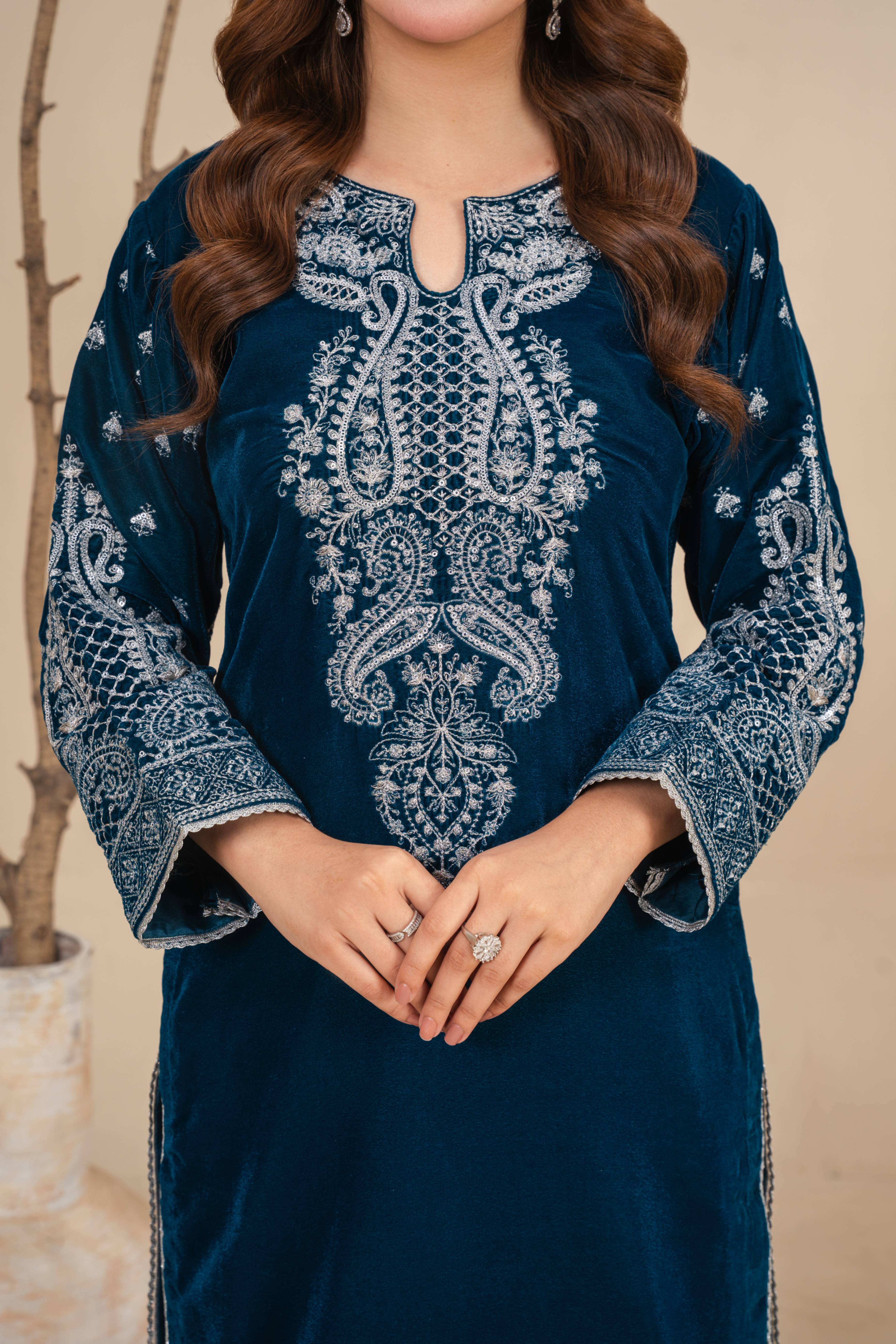 velvet Kurta Set in Yale blue