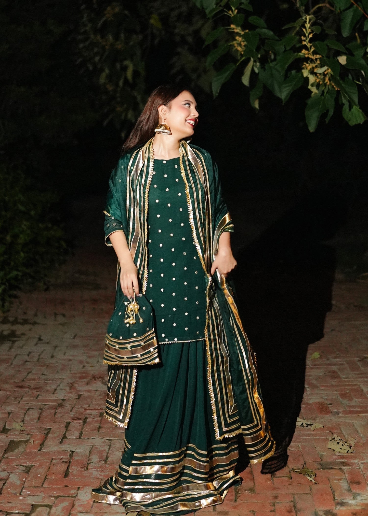 bemberg crinkle chiffon Sharara in Dark green