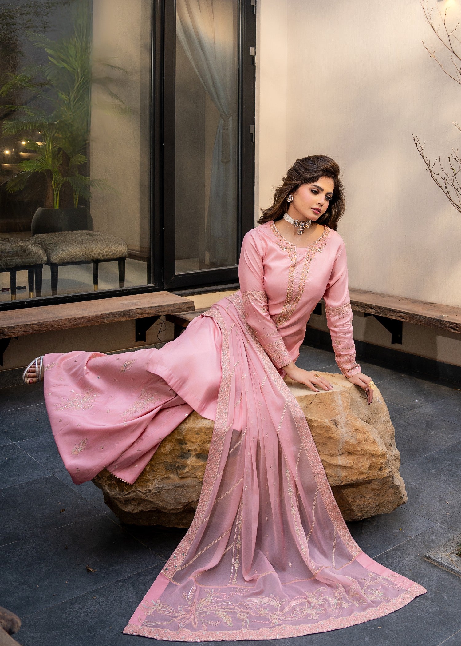 kattan silk Sharara in Tea rose pink