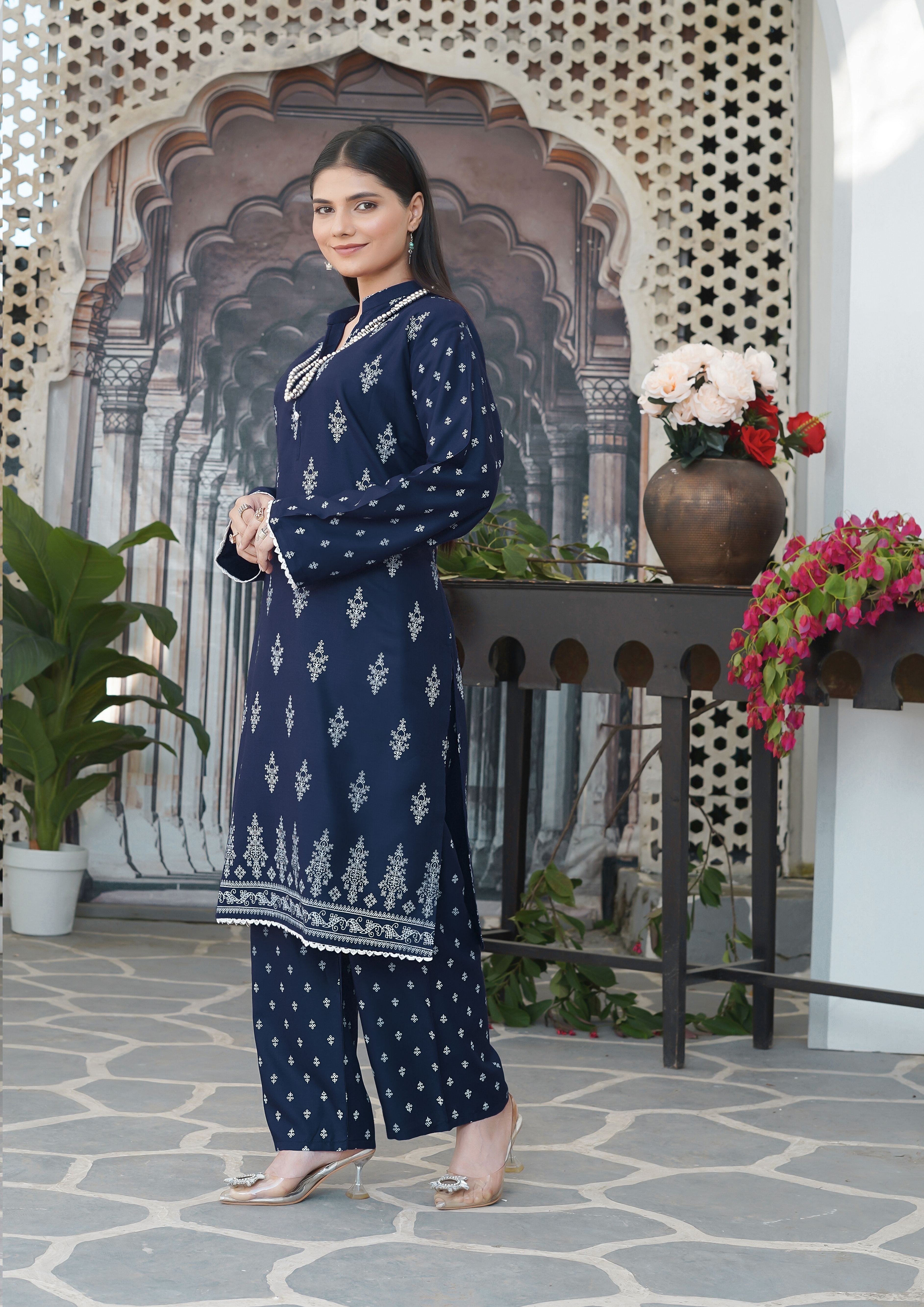 arabic lawn Kurta Set in Navy blue