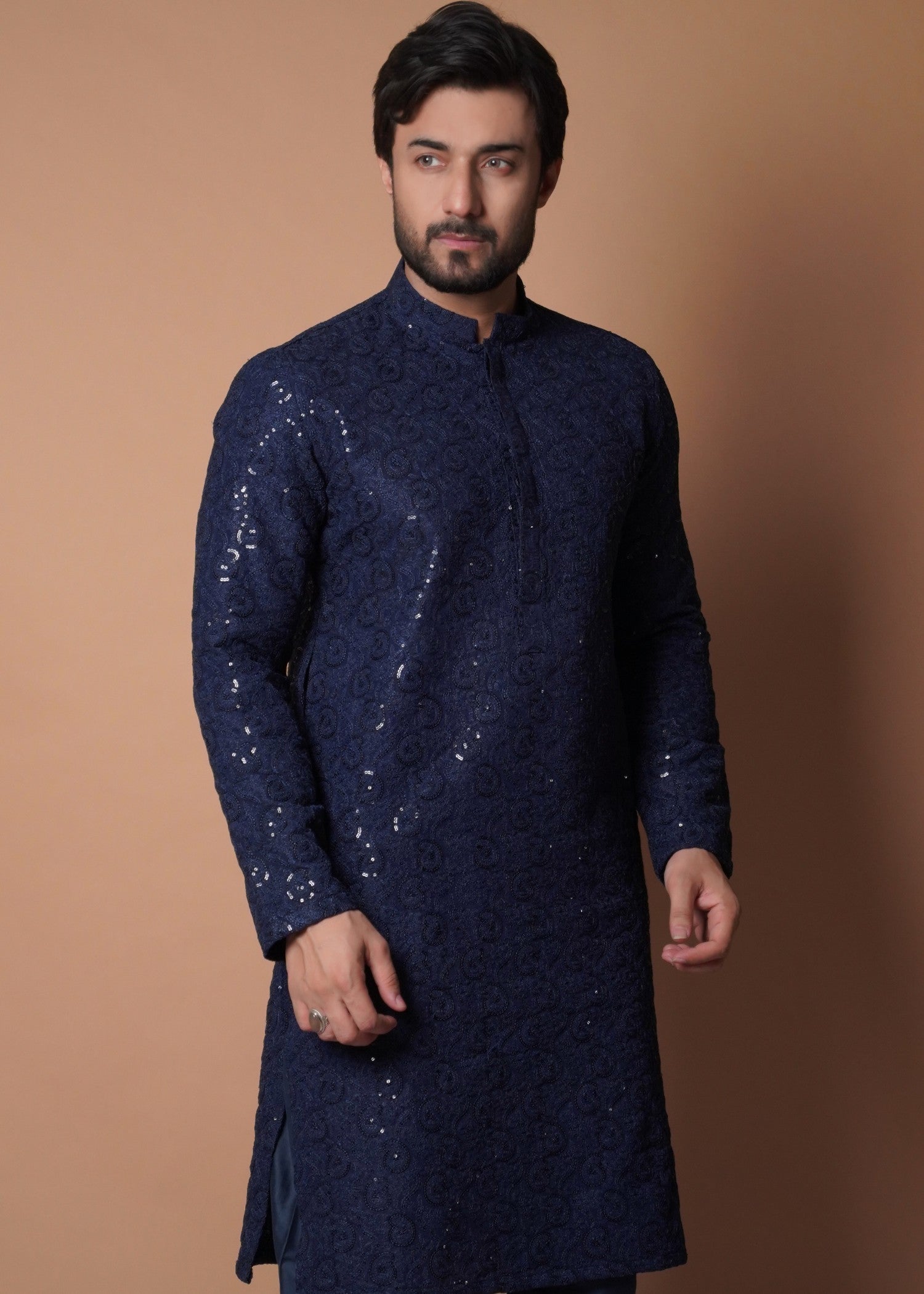 viscose raw silk Kurta Set in Navy blue