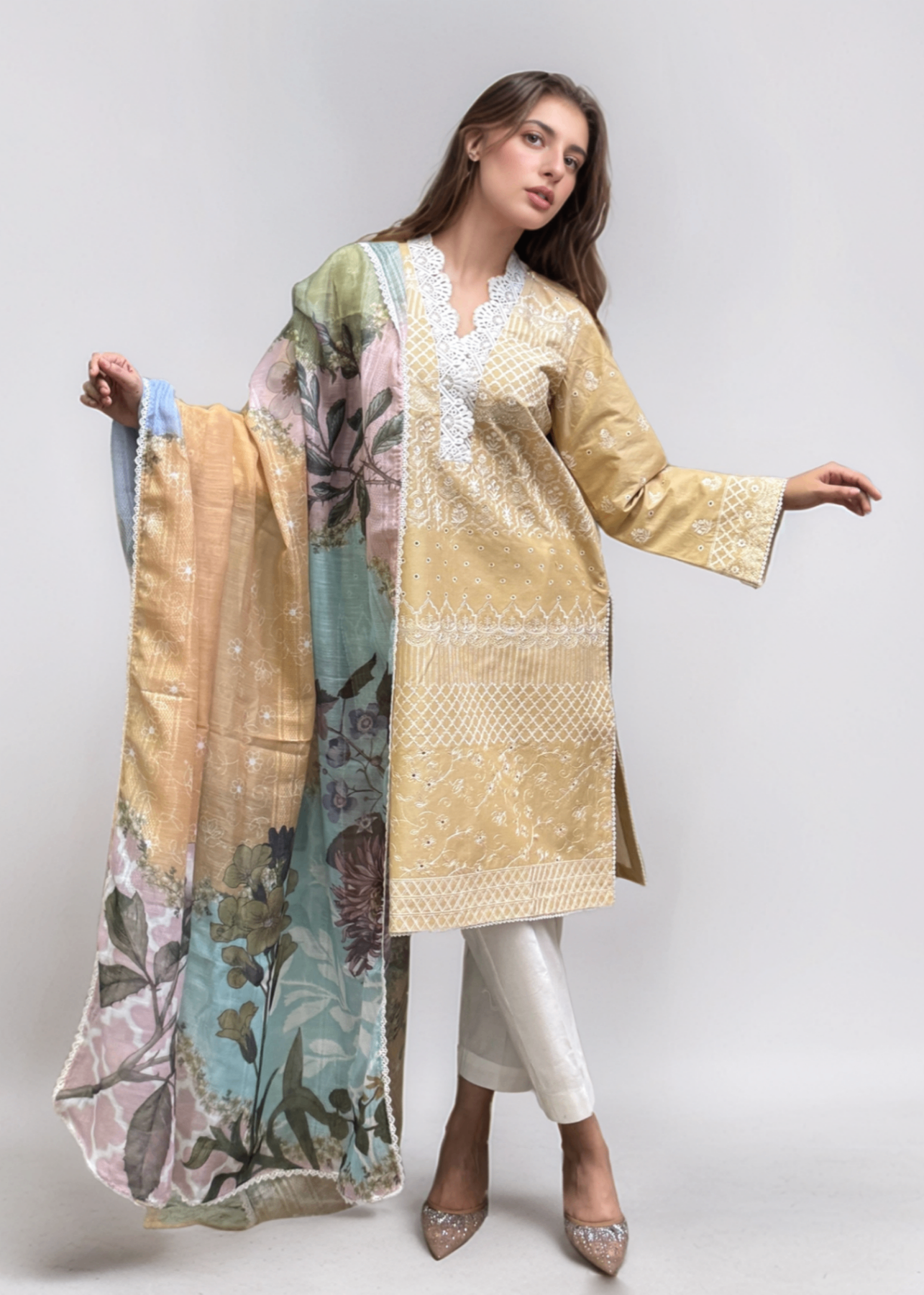 slub lawn Kurta Set in Mellow yellow