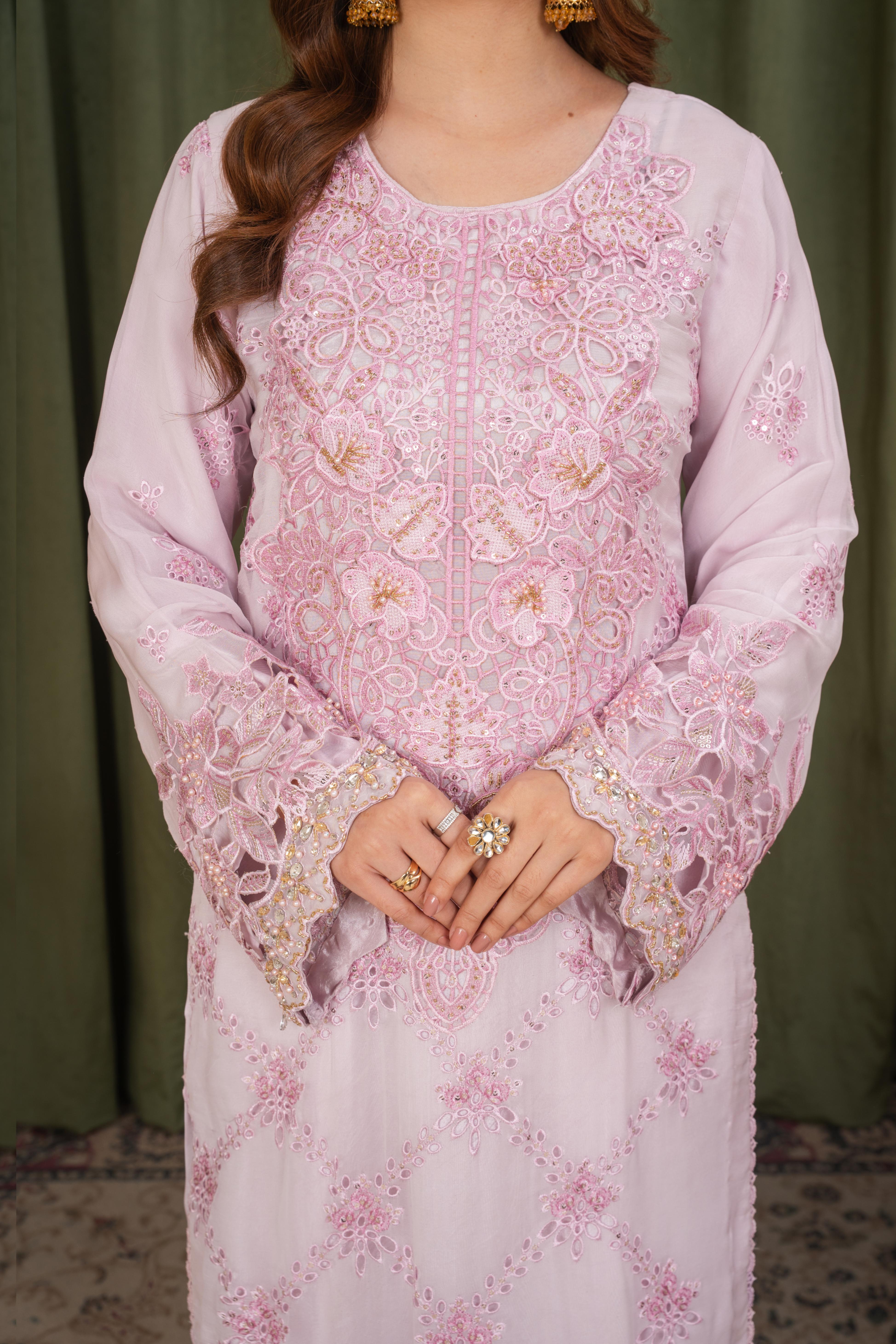 crinkle chiffon Kurta Set in Lavender pink