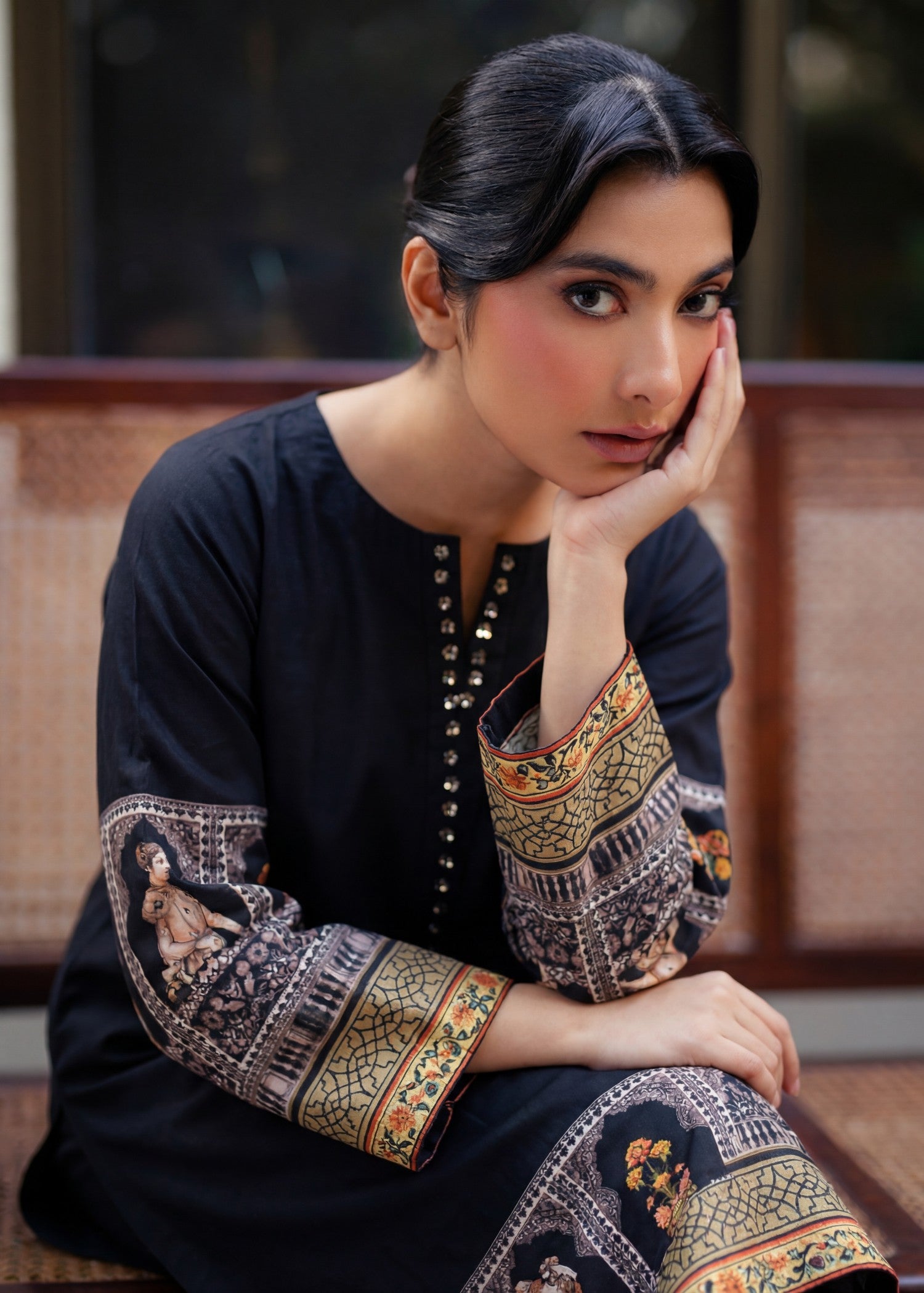 textured lawn Kurta Set in Black