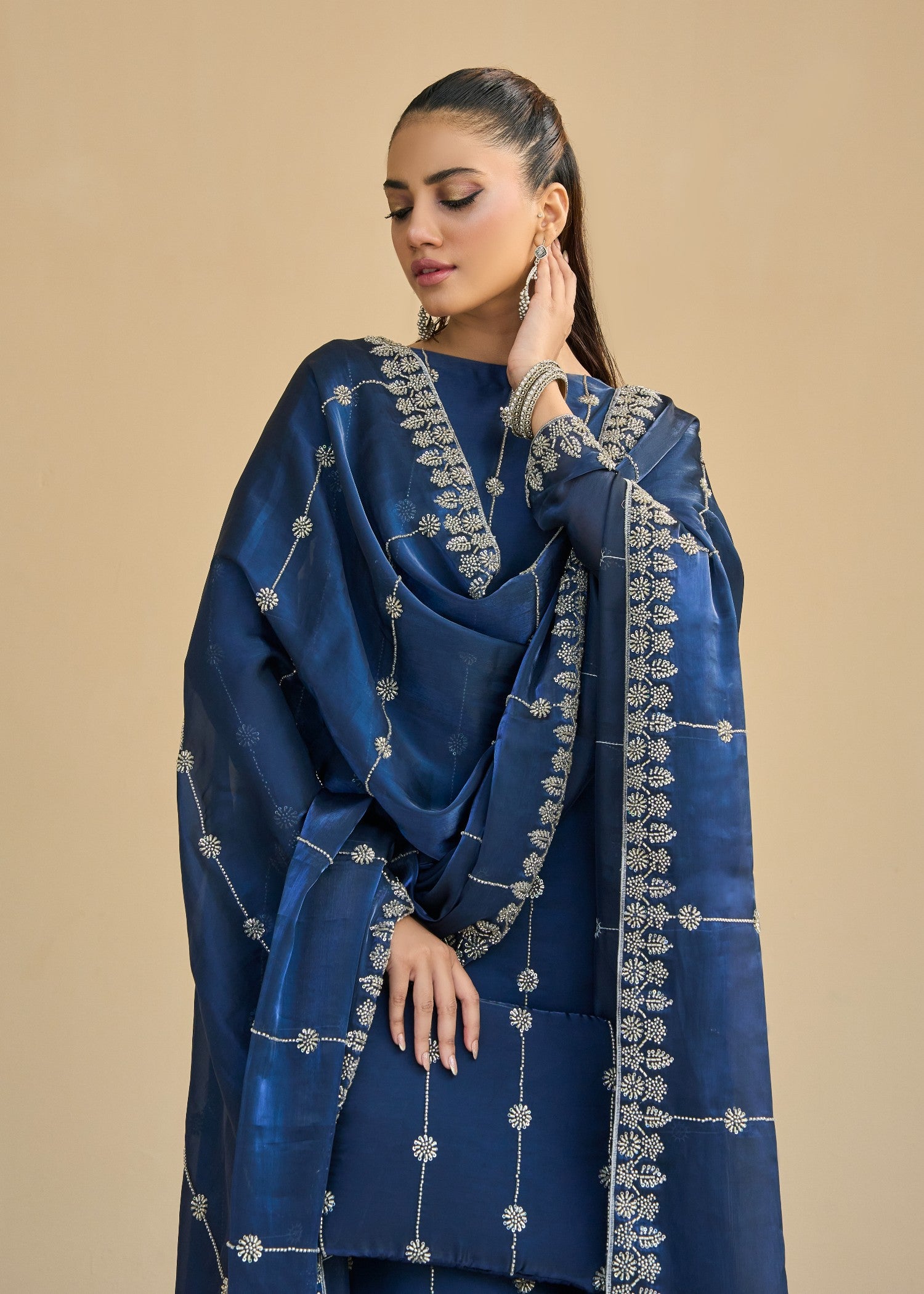 paper silk Kurta Set in Navy blue