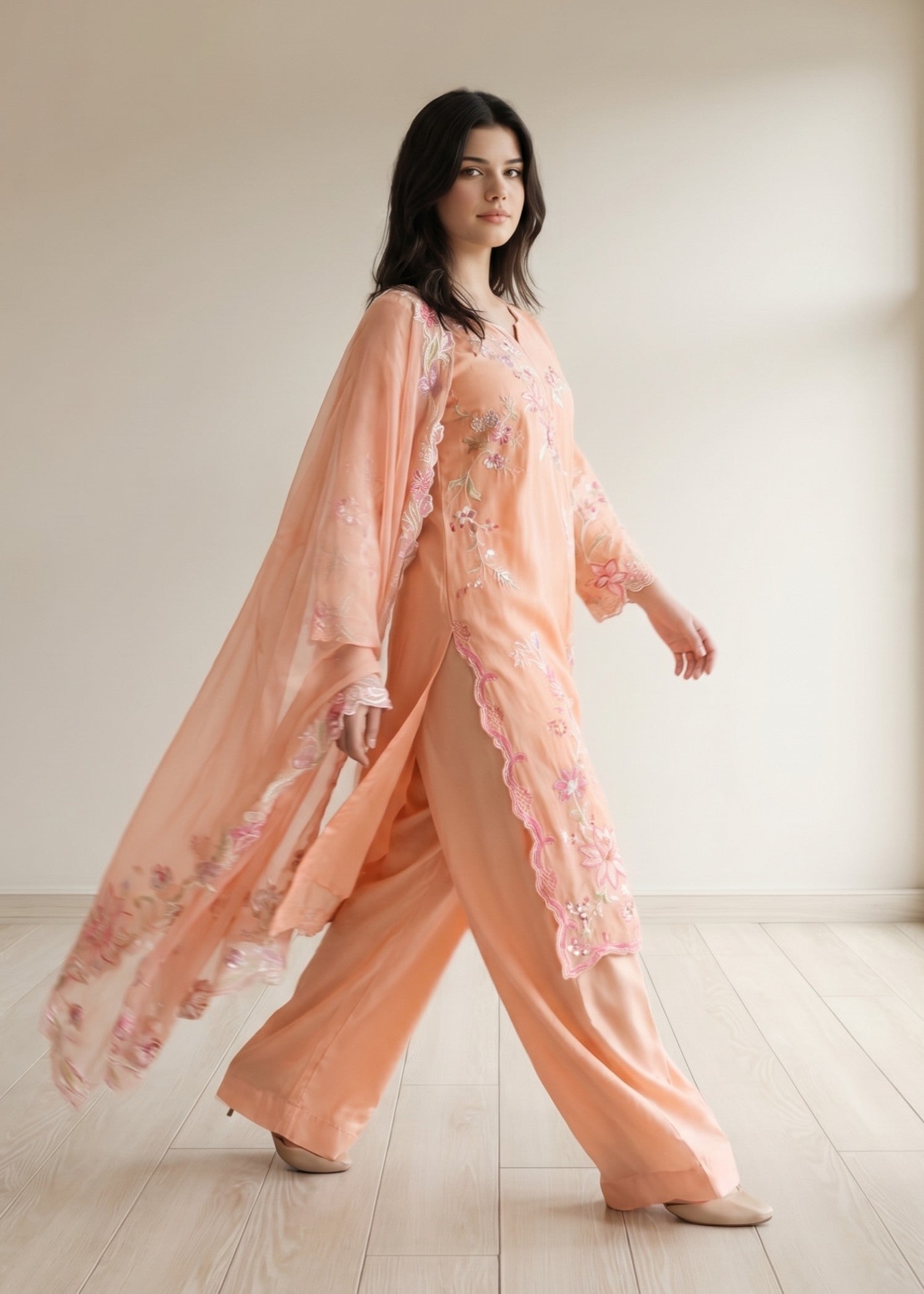 lawn cotton Kurta Set in Peach pink