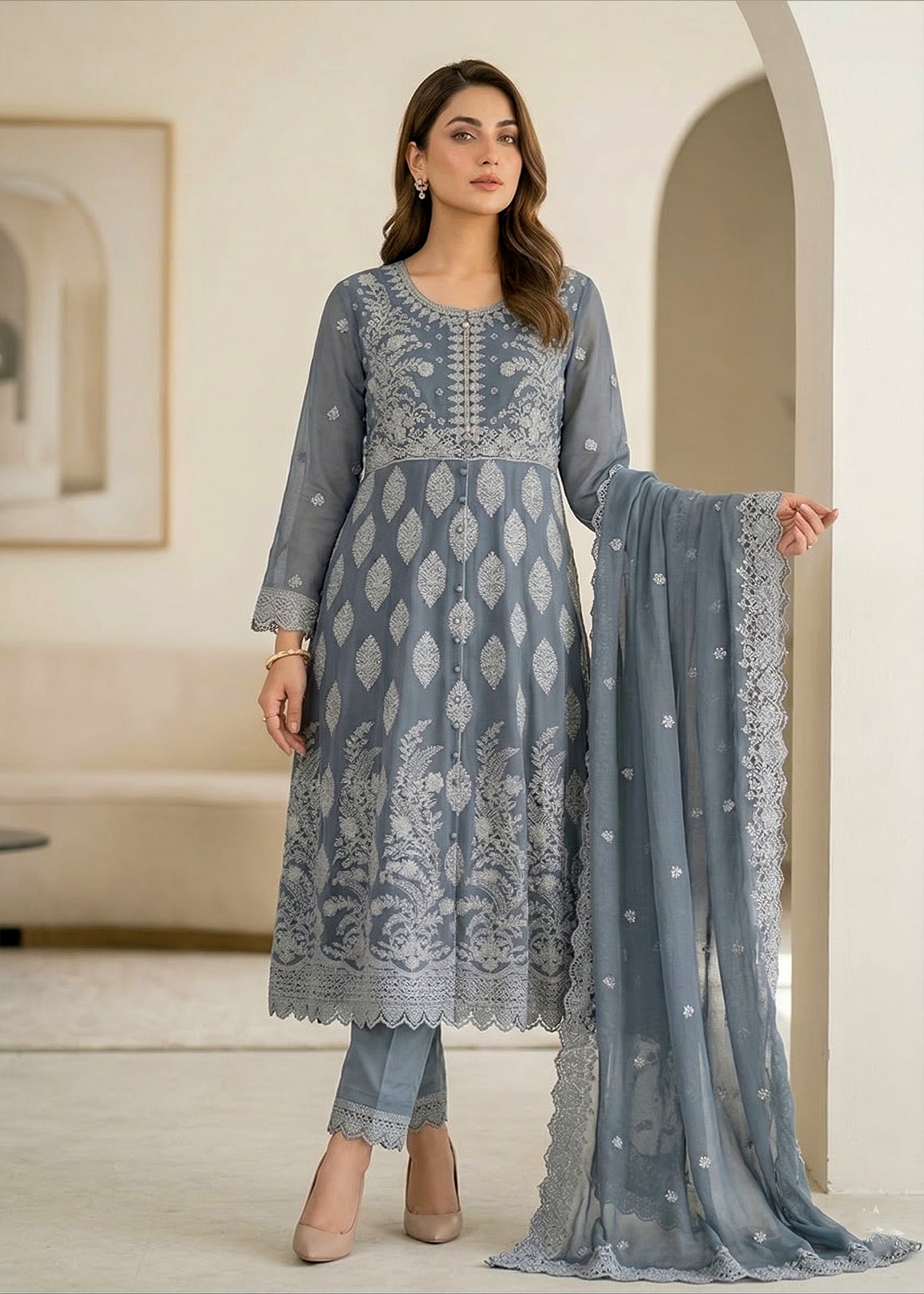chiffon Pishwas in Pastel grey