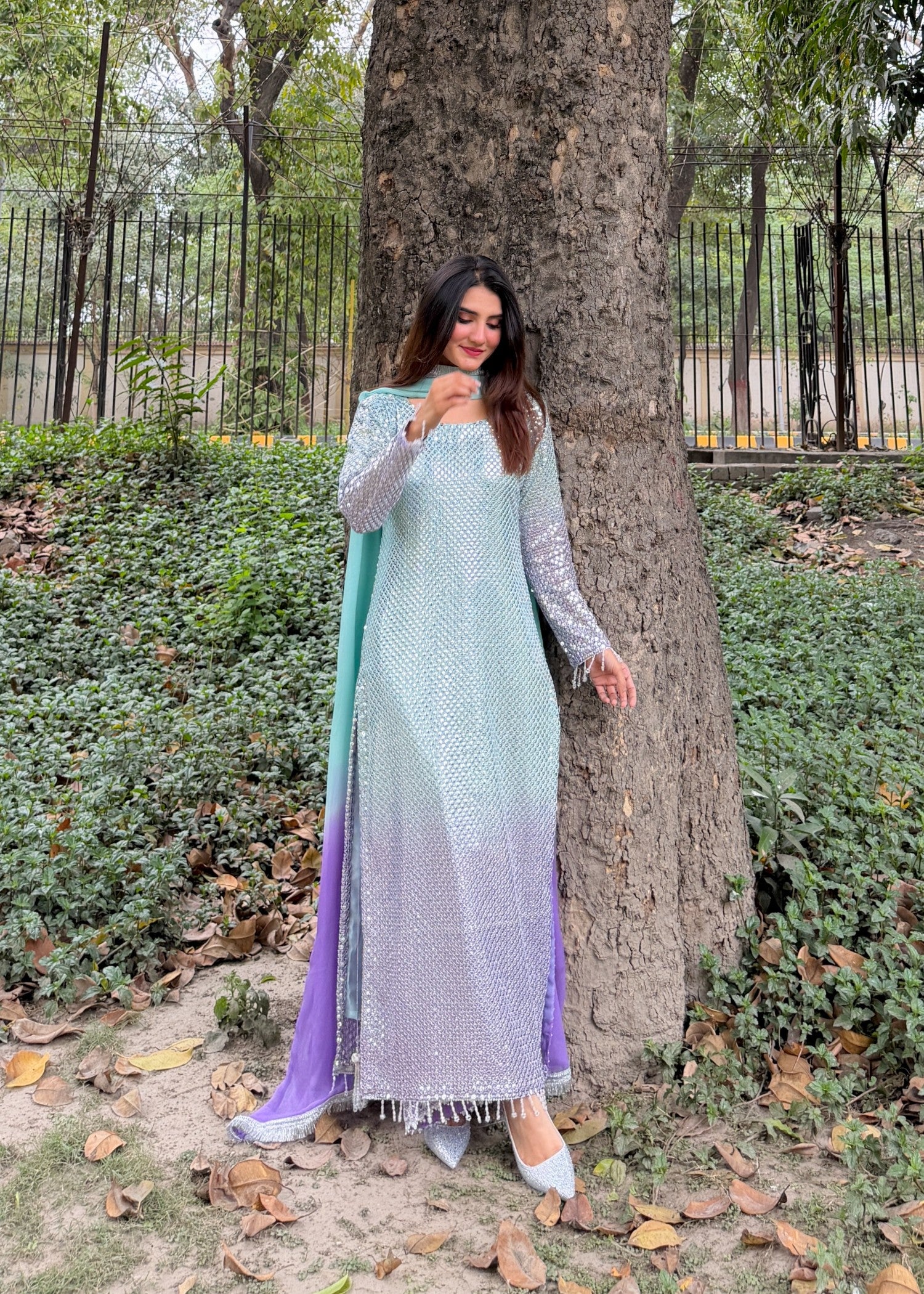 bemberg crinkle chiffon Kurta Set in Sky blue, bright lavender