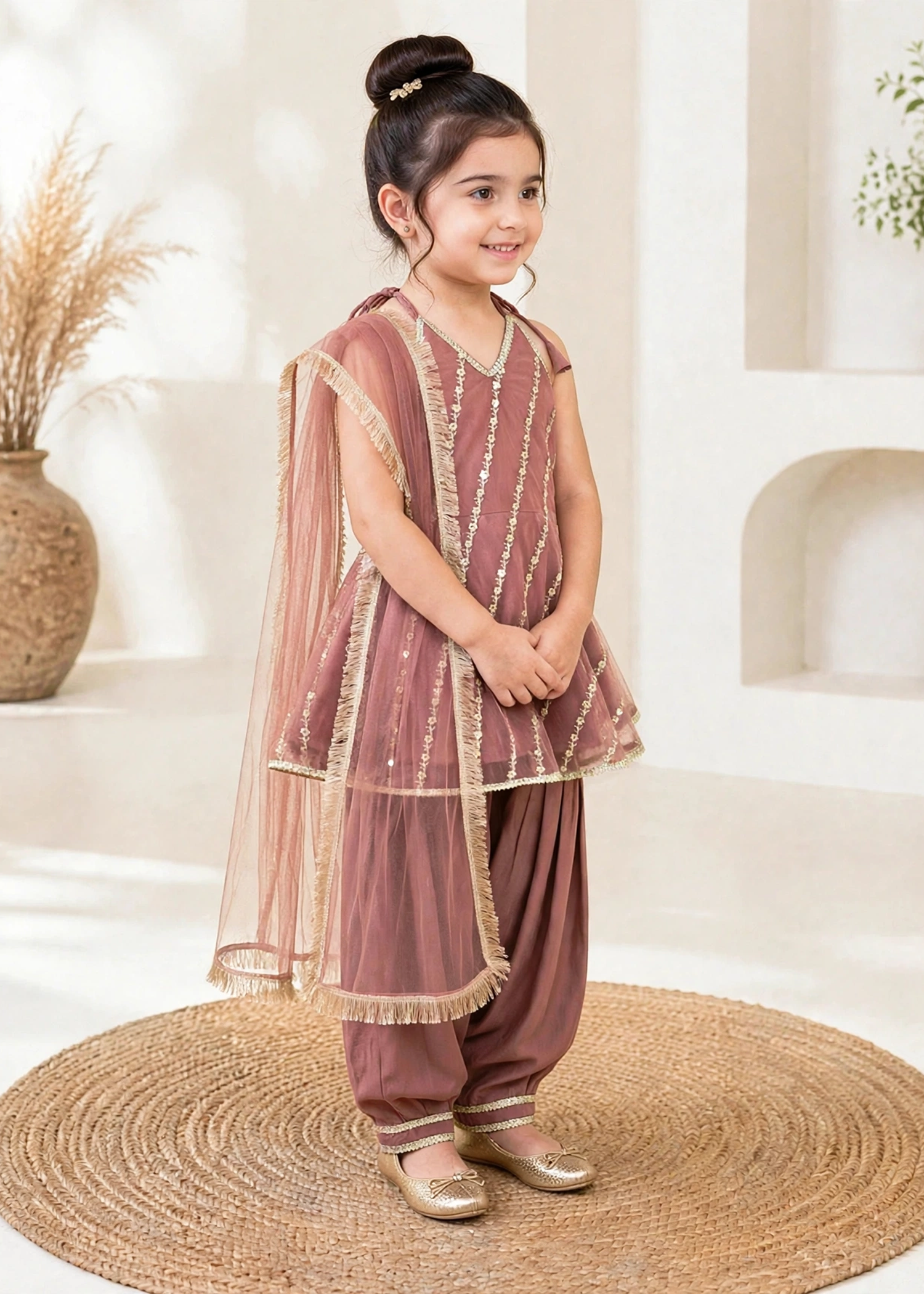 net Short Frock in Indian pink