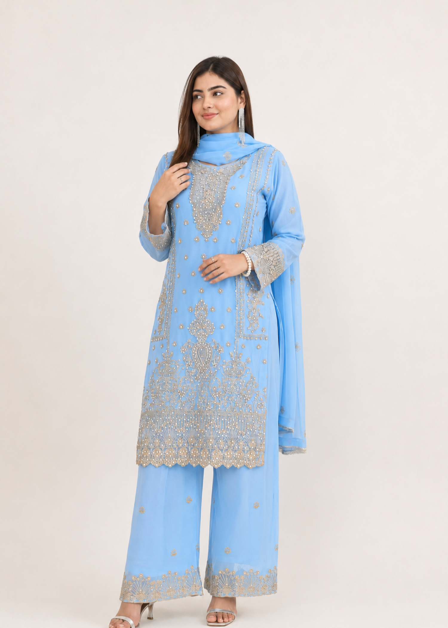 chiffon Kurta Set in Powder blue