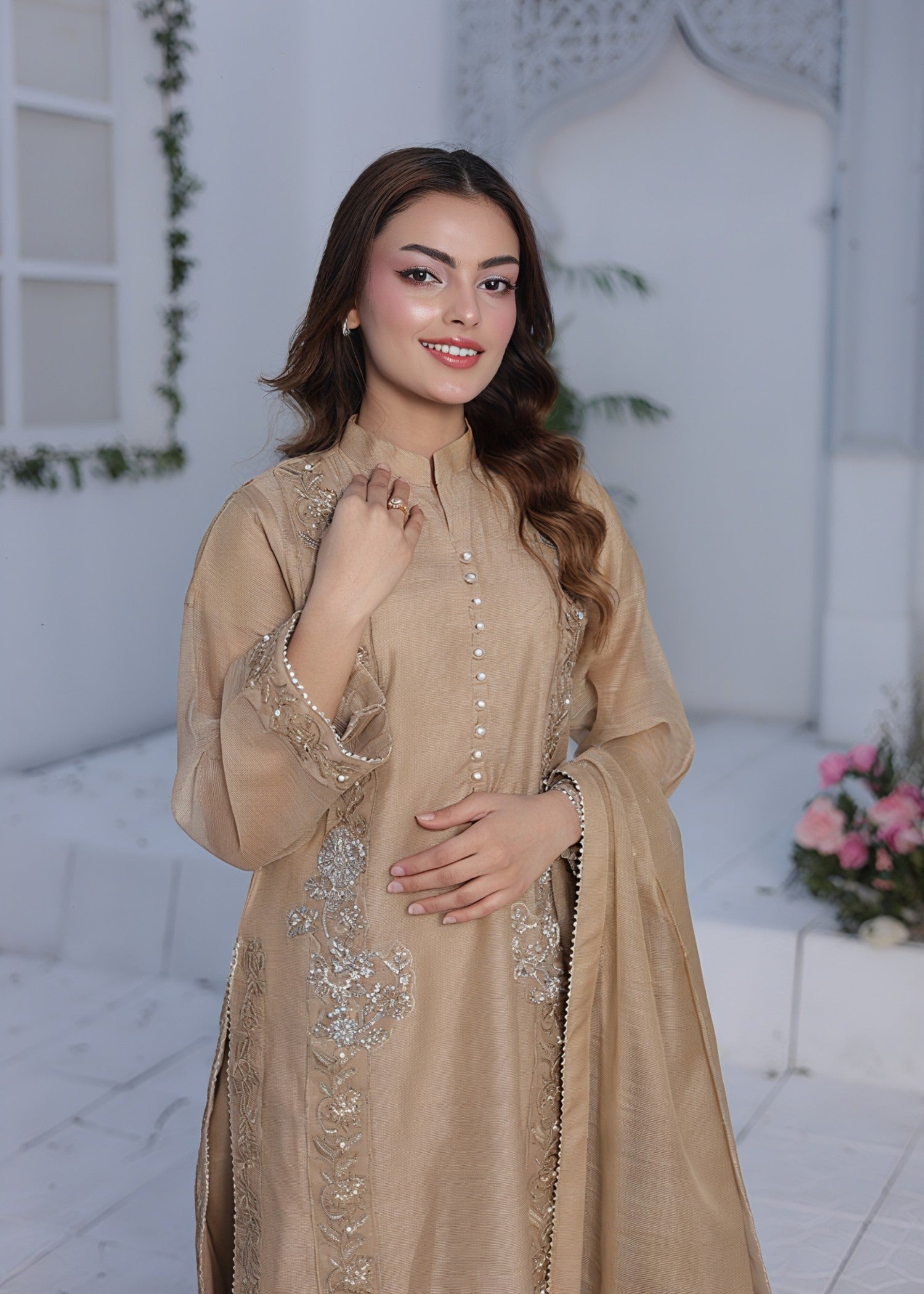 organza net Kurta Set in Tan brown