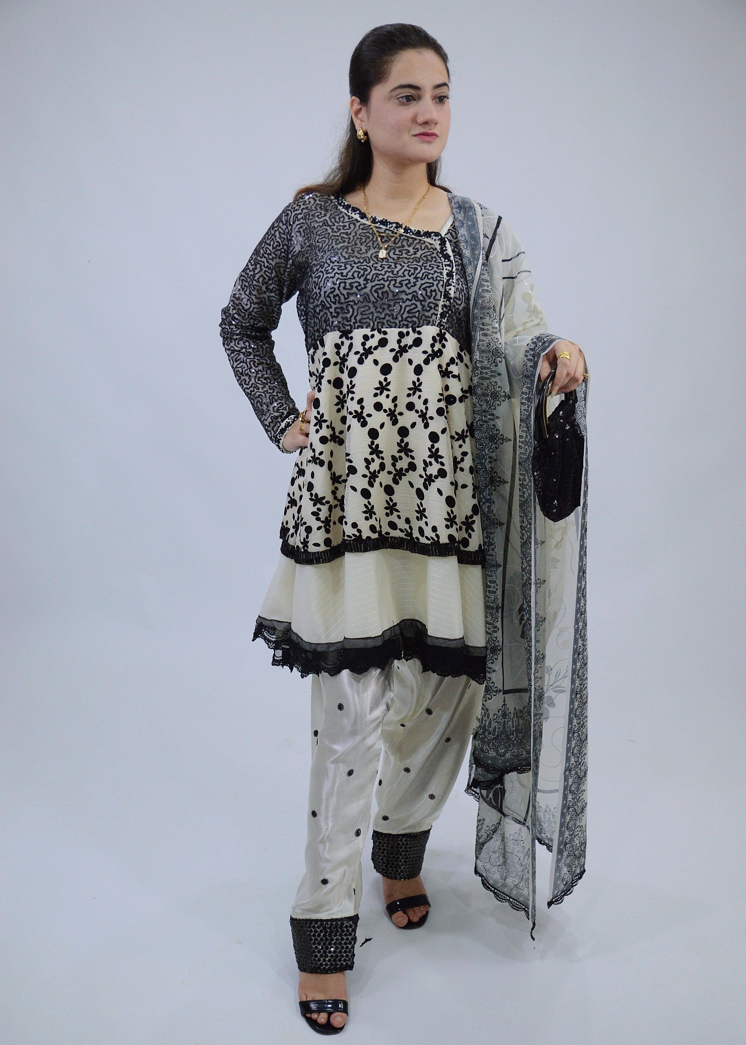 chiffon Short Frock in White, off-white, black