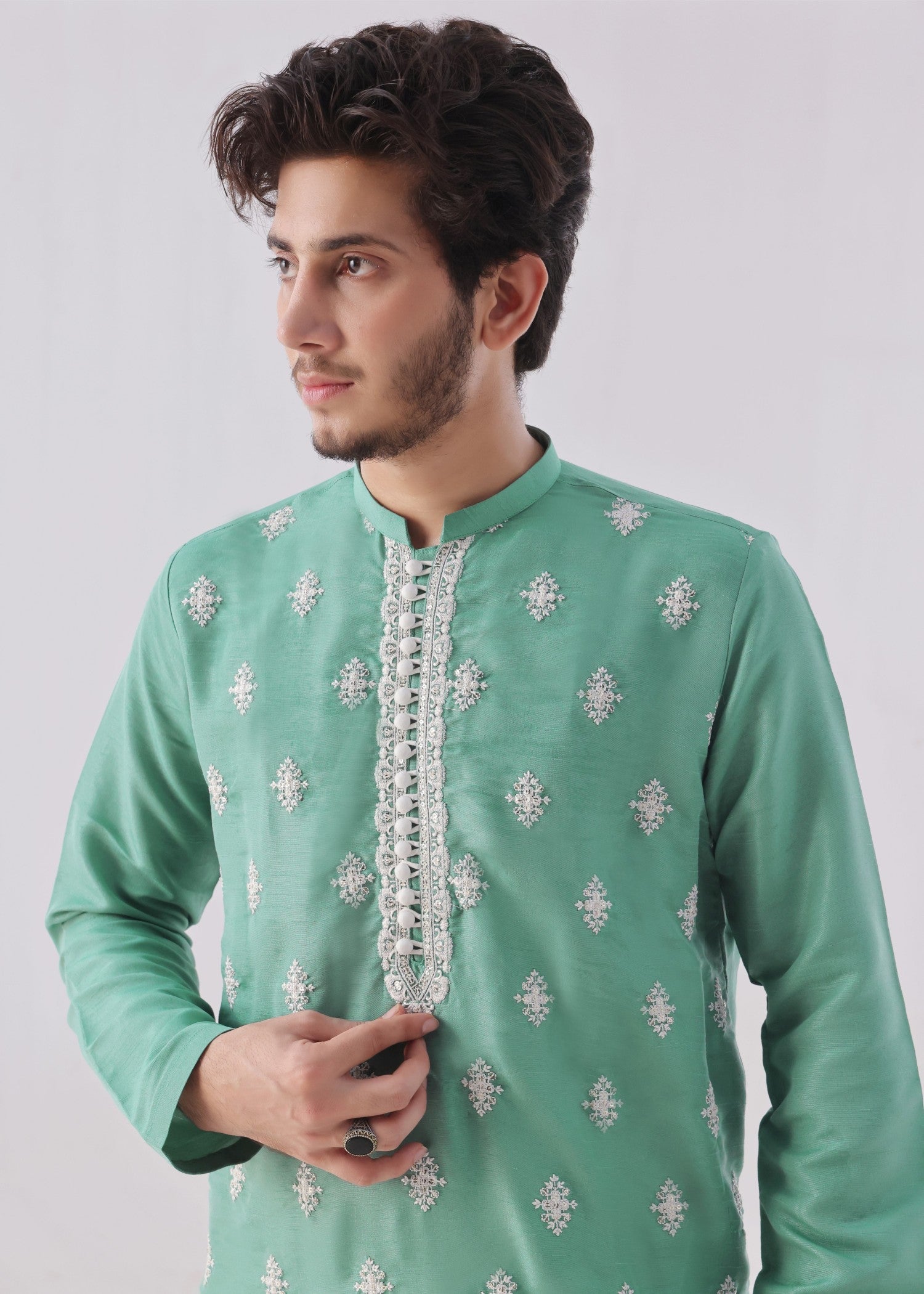 raw silk Kurta Set in Emerald green