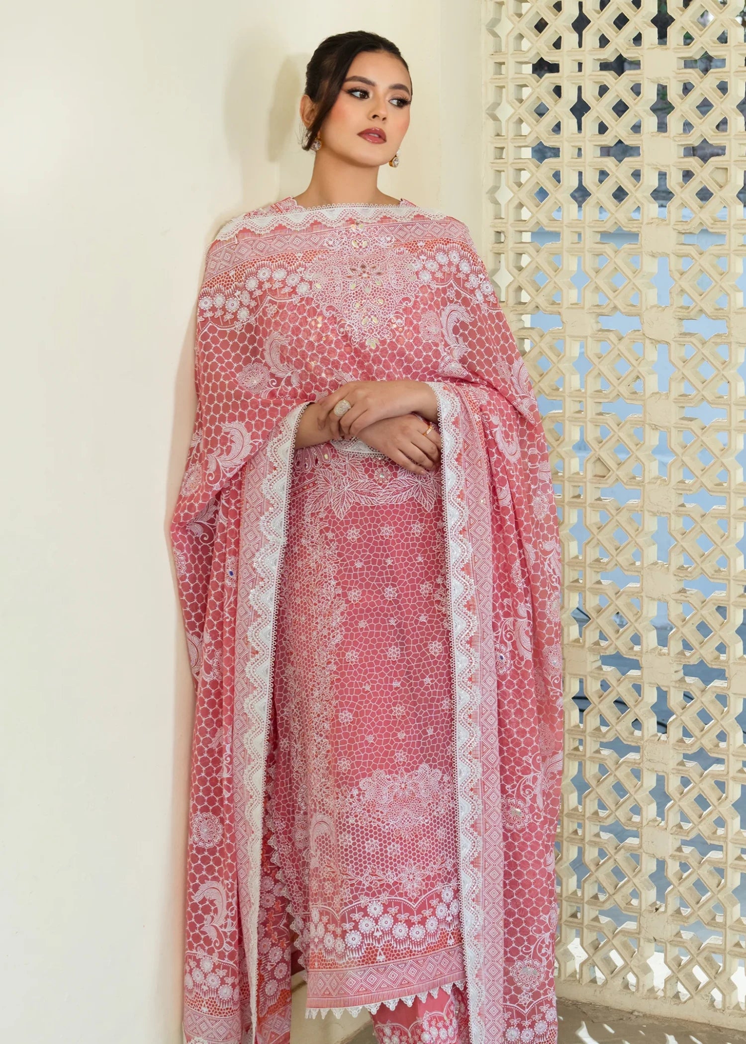 crinkle chiffon Unstitched in Carnation pink