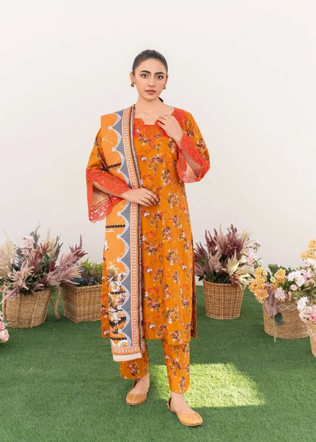 cambric Kurta Set in Orange