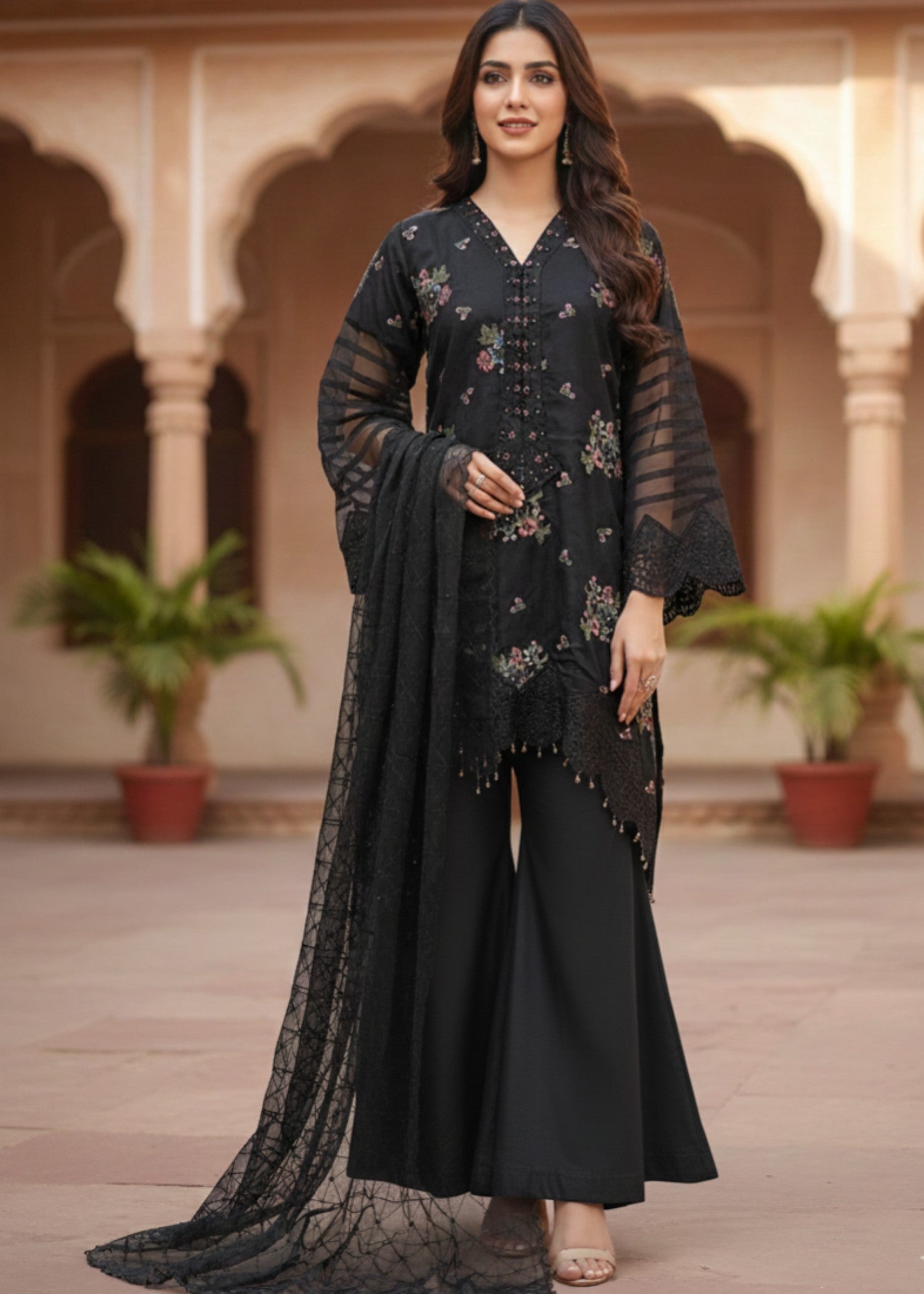 organza net Kurta Set in Black