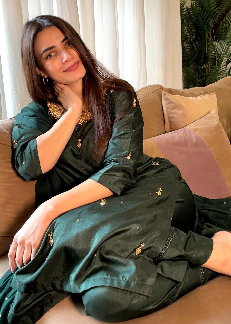 cotton silk Kurta Set in Bottle green