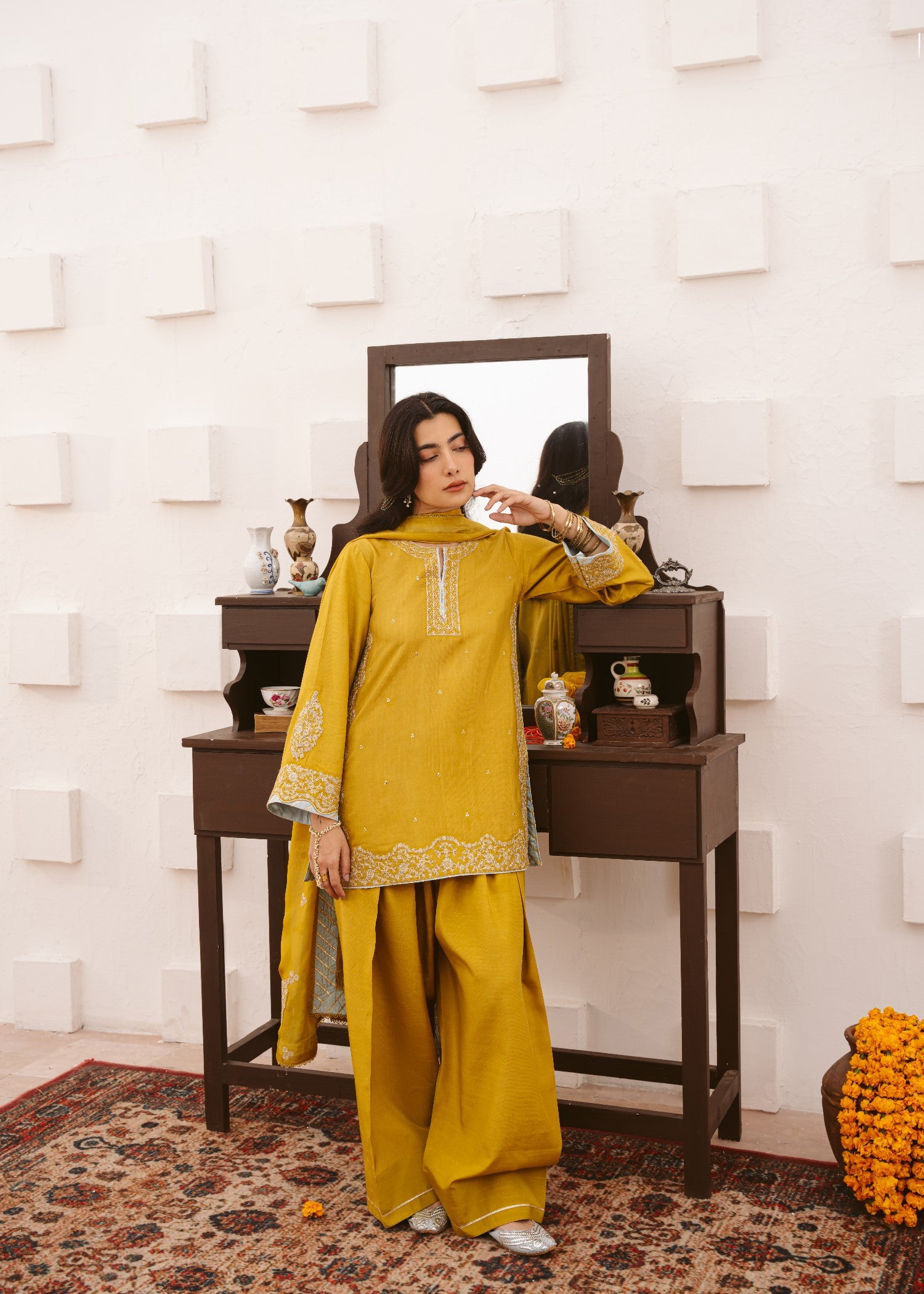 raw silk Kurta Set in Marigold