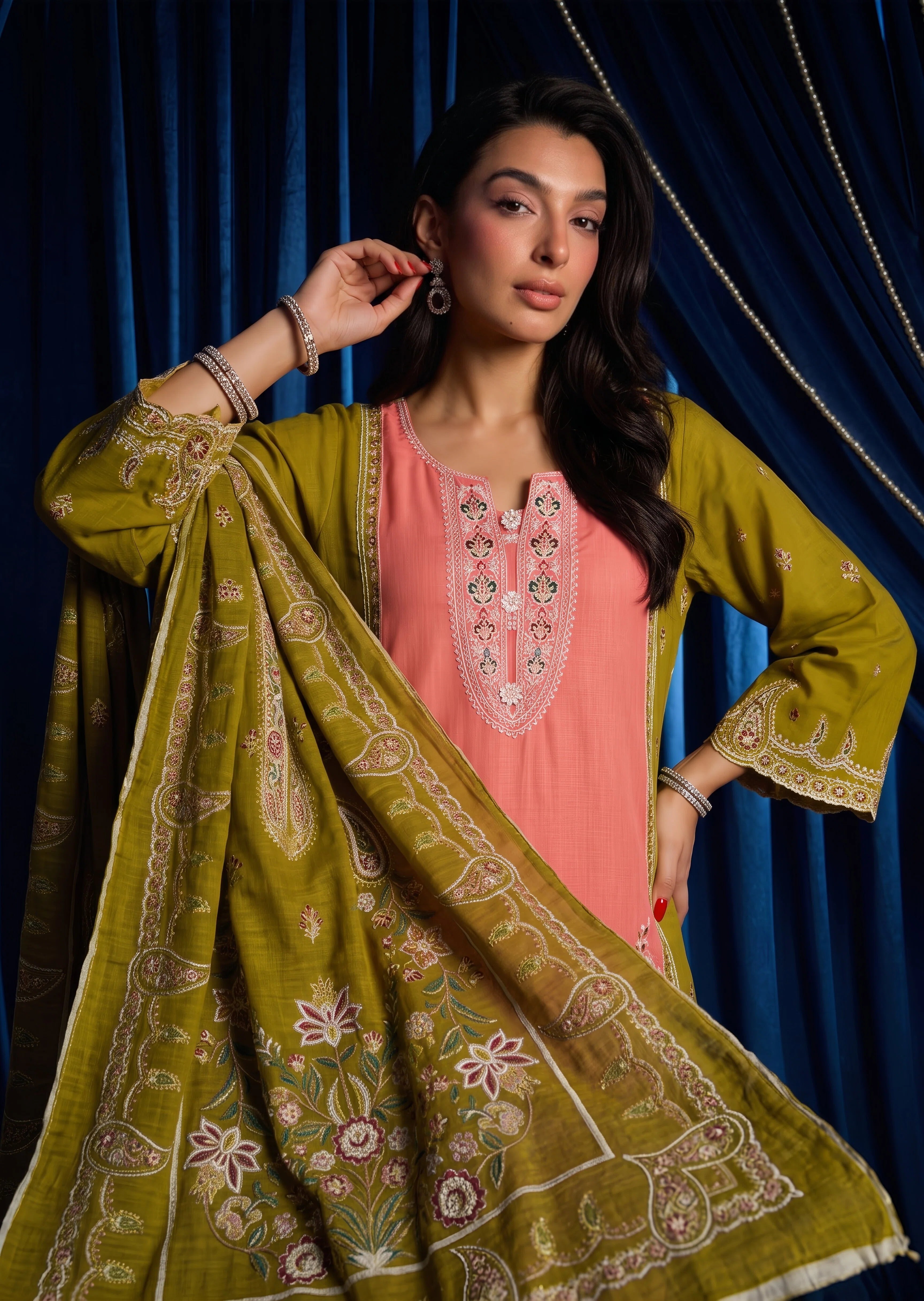 cotton linen Kurta Set in Saffron, taffy pink