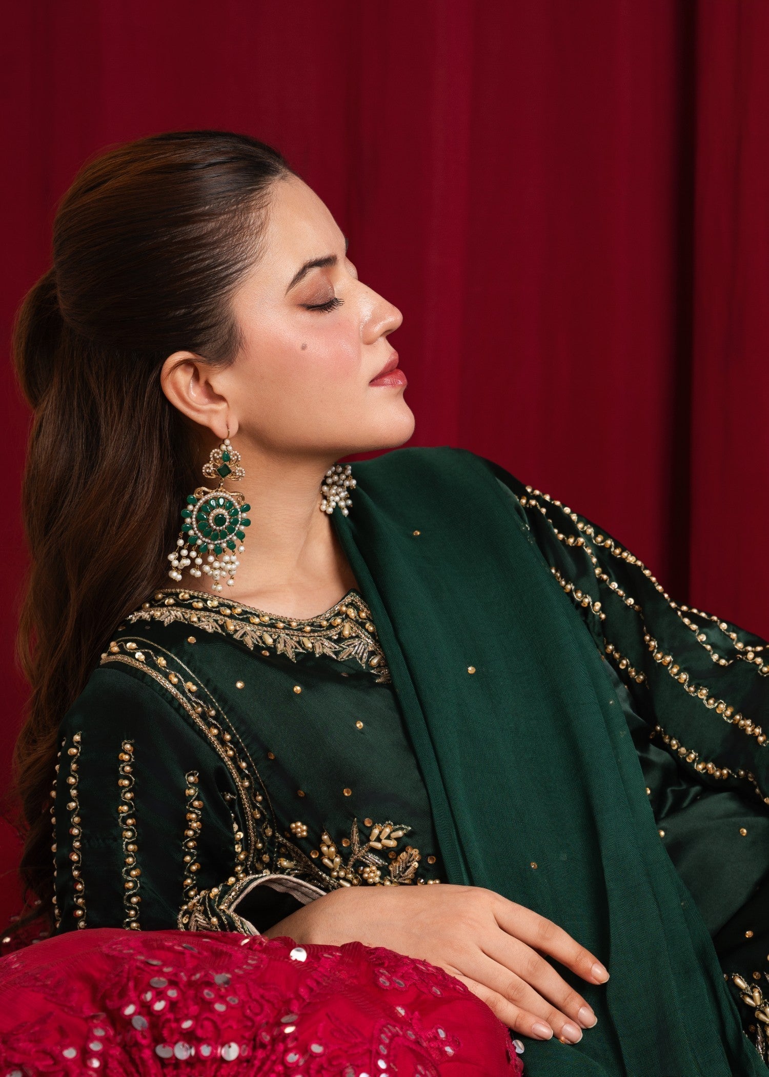 silk charmeuse Kurta Set in Bottle green