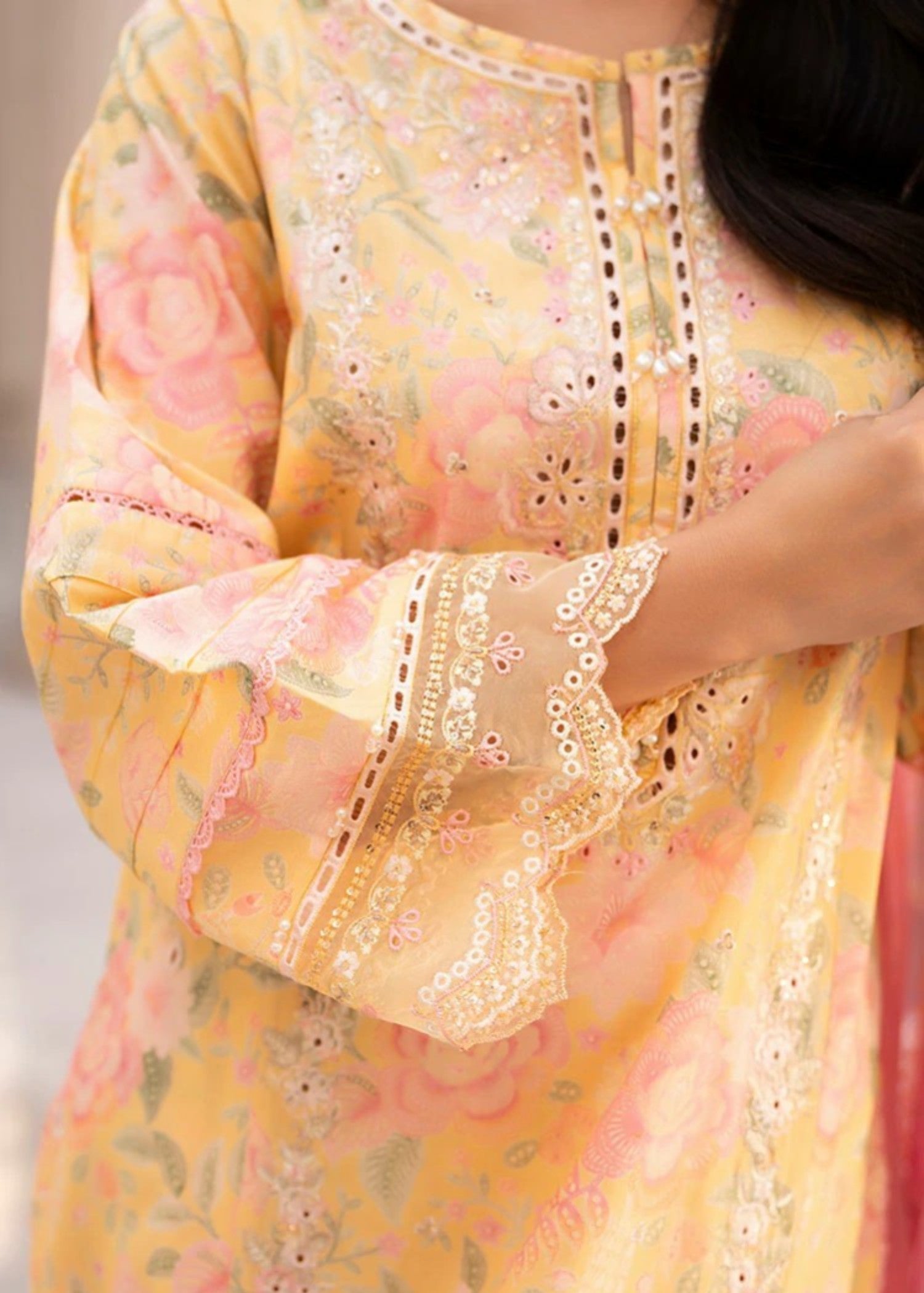cambric Kurta Set in Light yellow