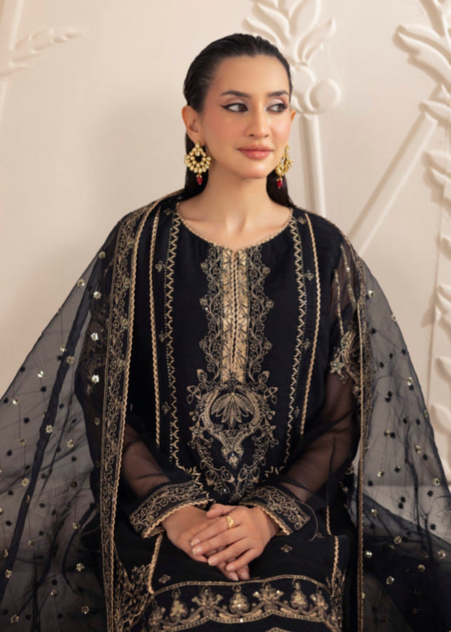 bemberg crinkle chiffon Gharara in Jet black