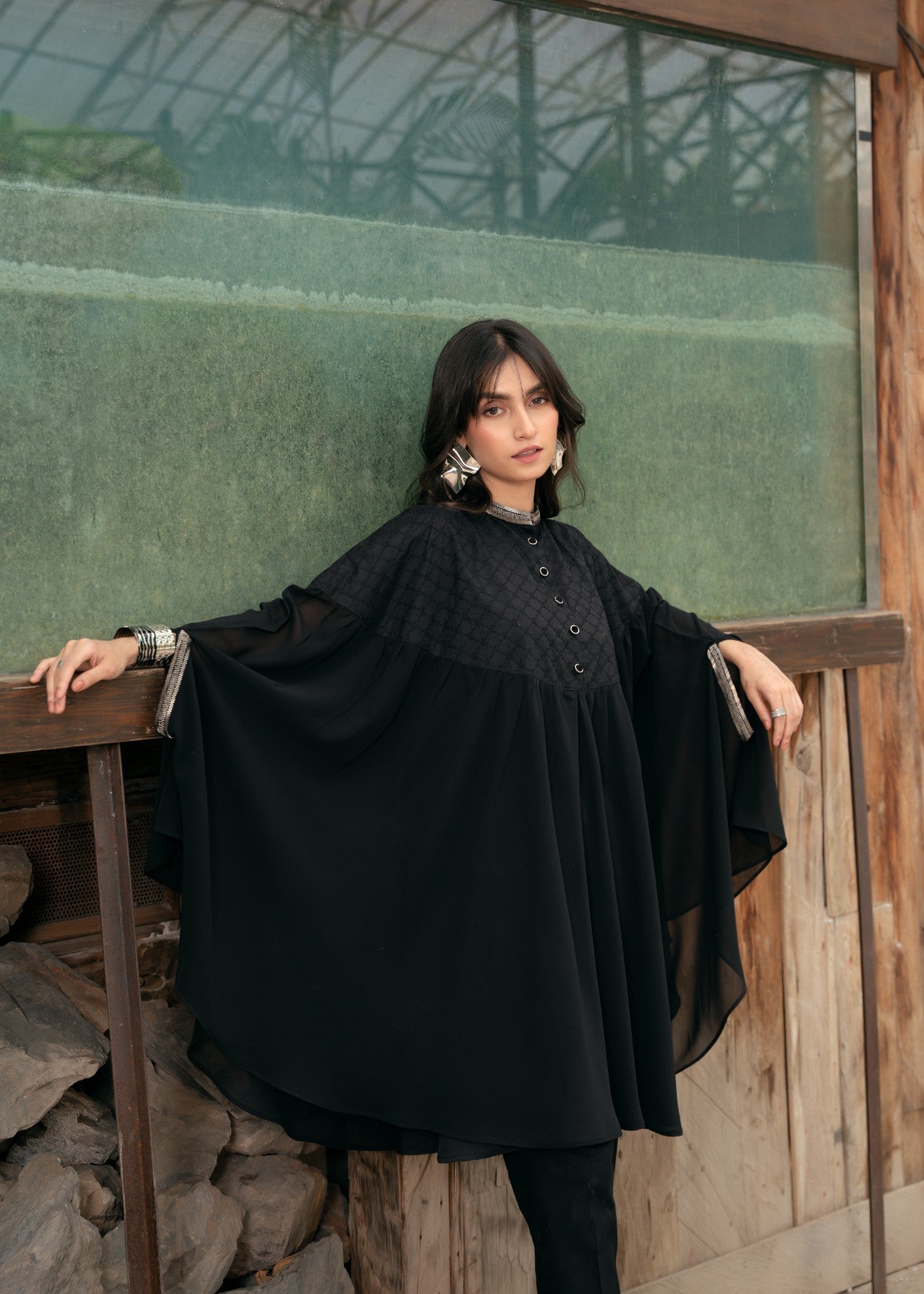 chikankari cotton Kaftan in Black