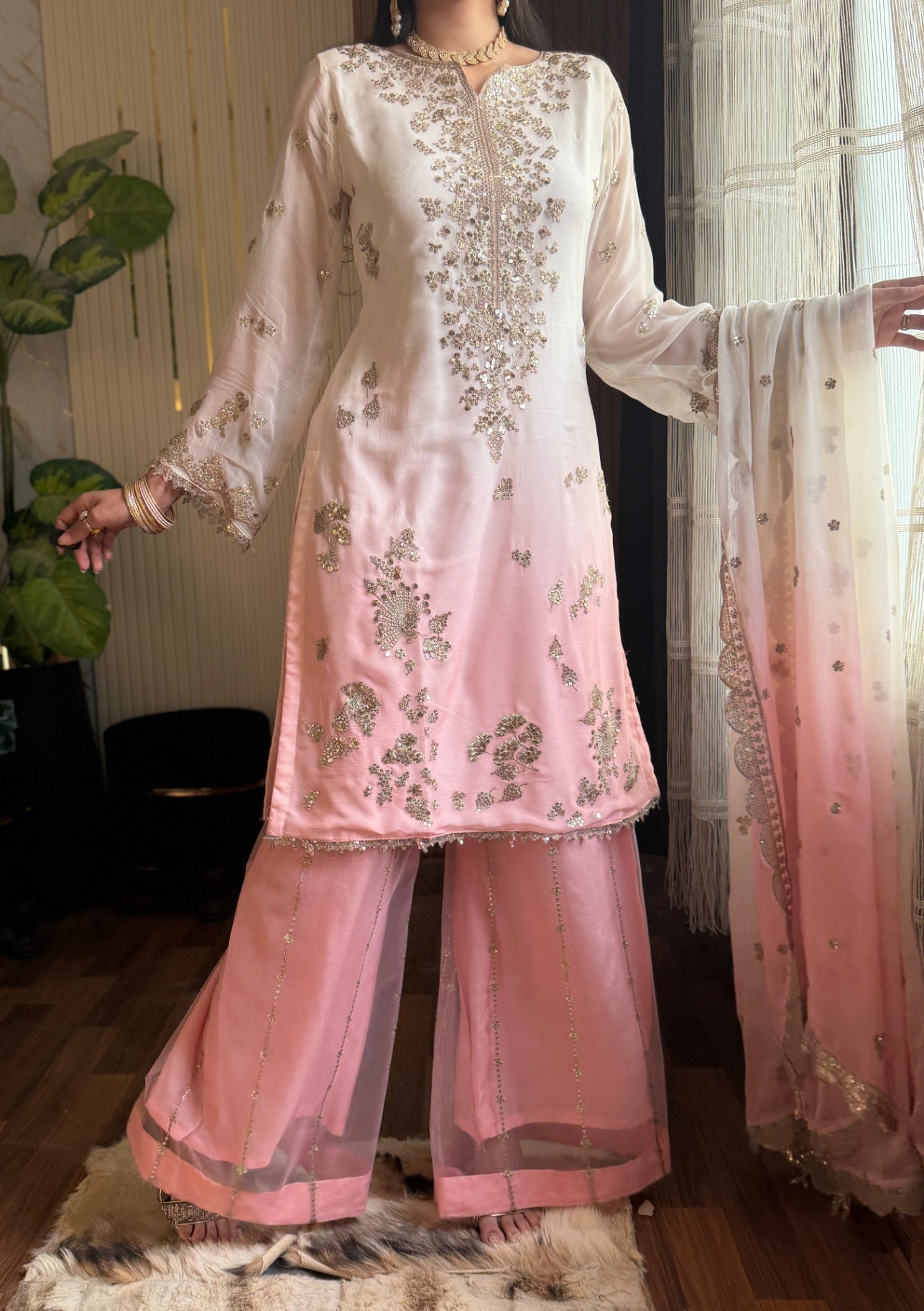 chiffon Kurta Set in Pink, off-white