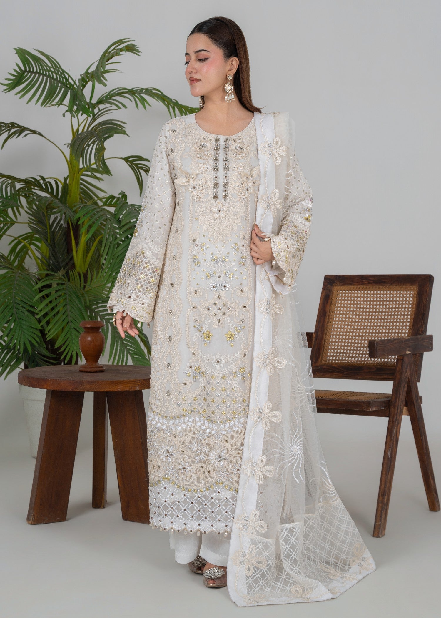 crinkle chiffon Kurta Set in Milk