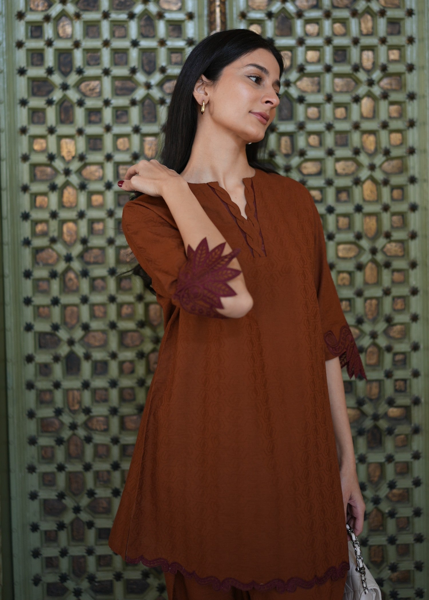 self jacquard Co Ord Sets in Brown