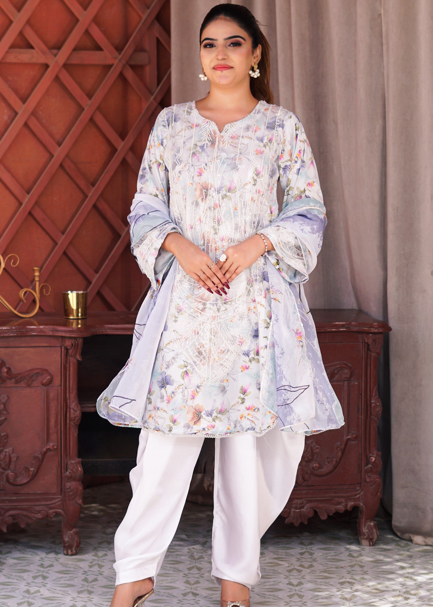 crepe Kurta Set in White