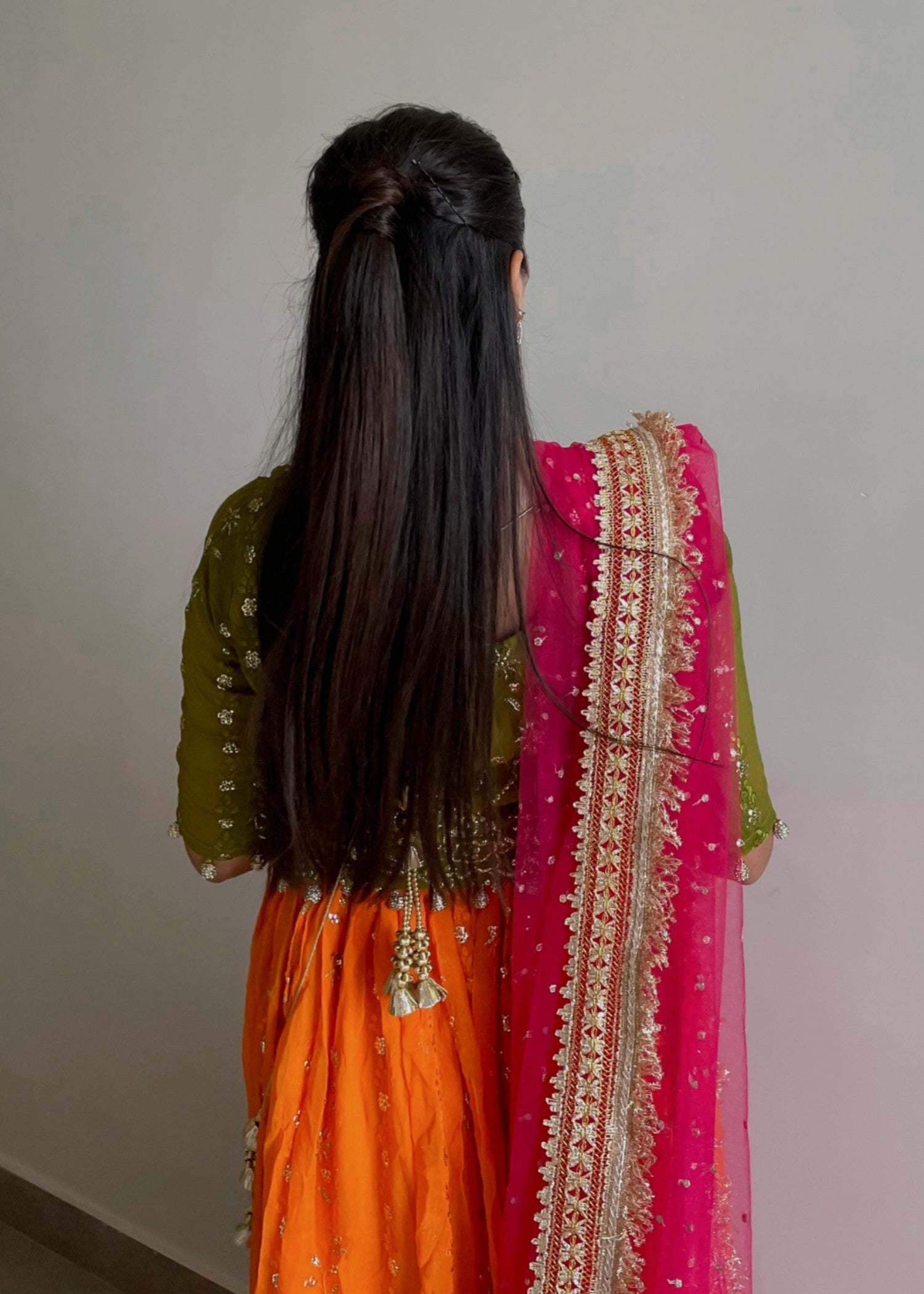 bemberg crinkle chiffon Lehenga in Hot pink, olive green, orange