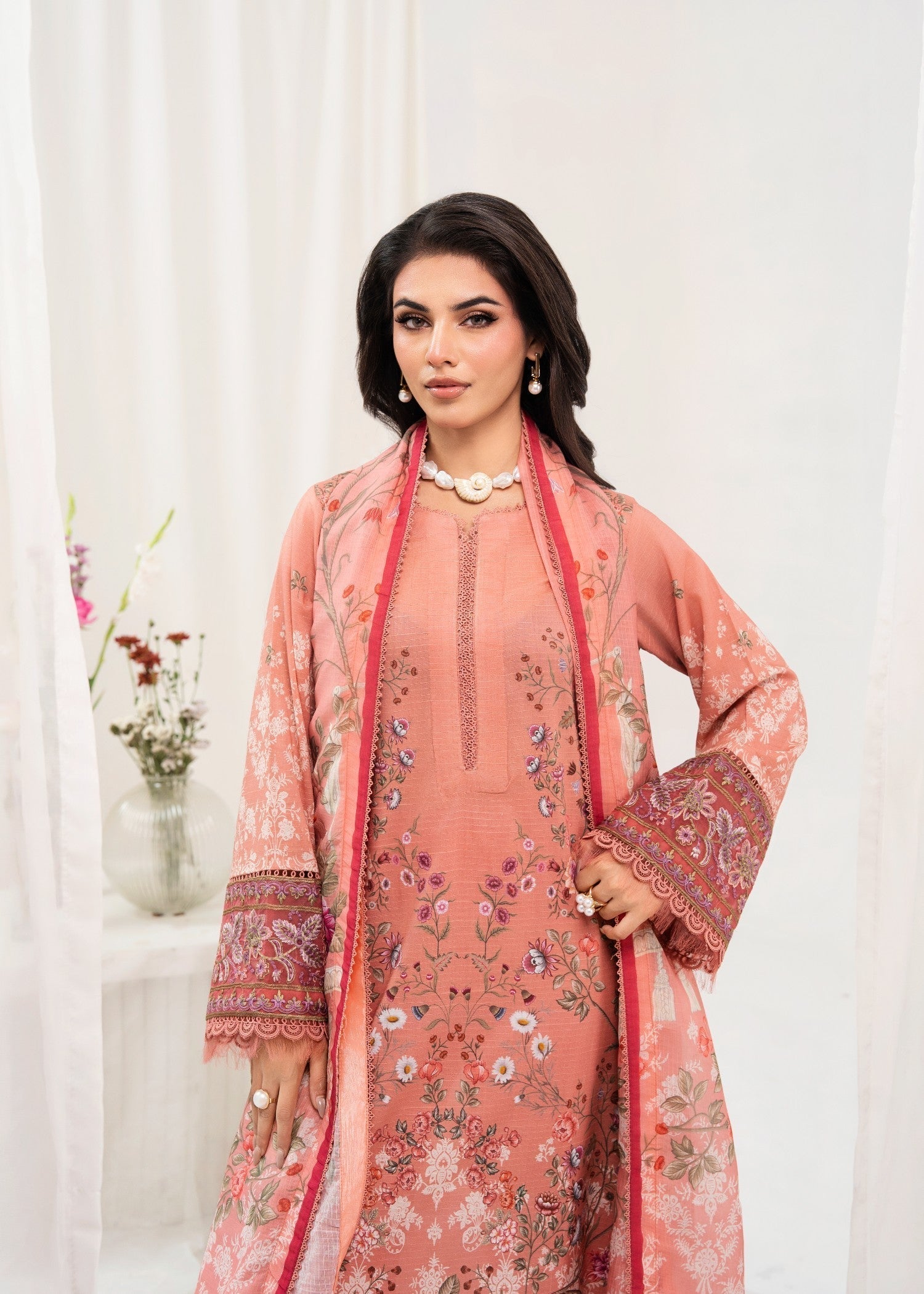 lawn Kurta Set in Apricot orange