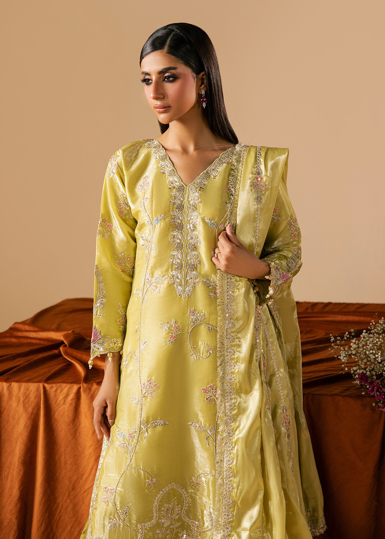 silk Kurta Set in Key lime
