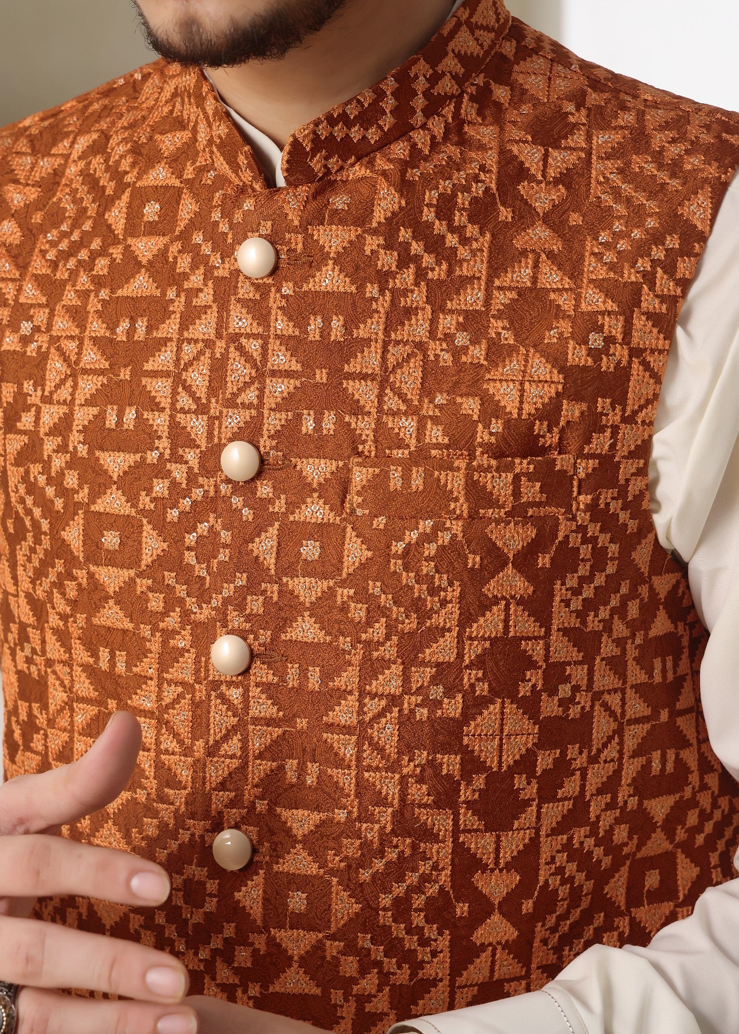 jamawar Waistcoat in Rust orange