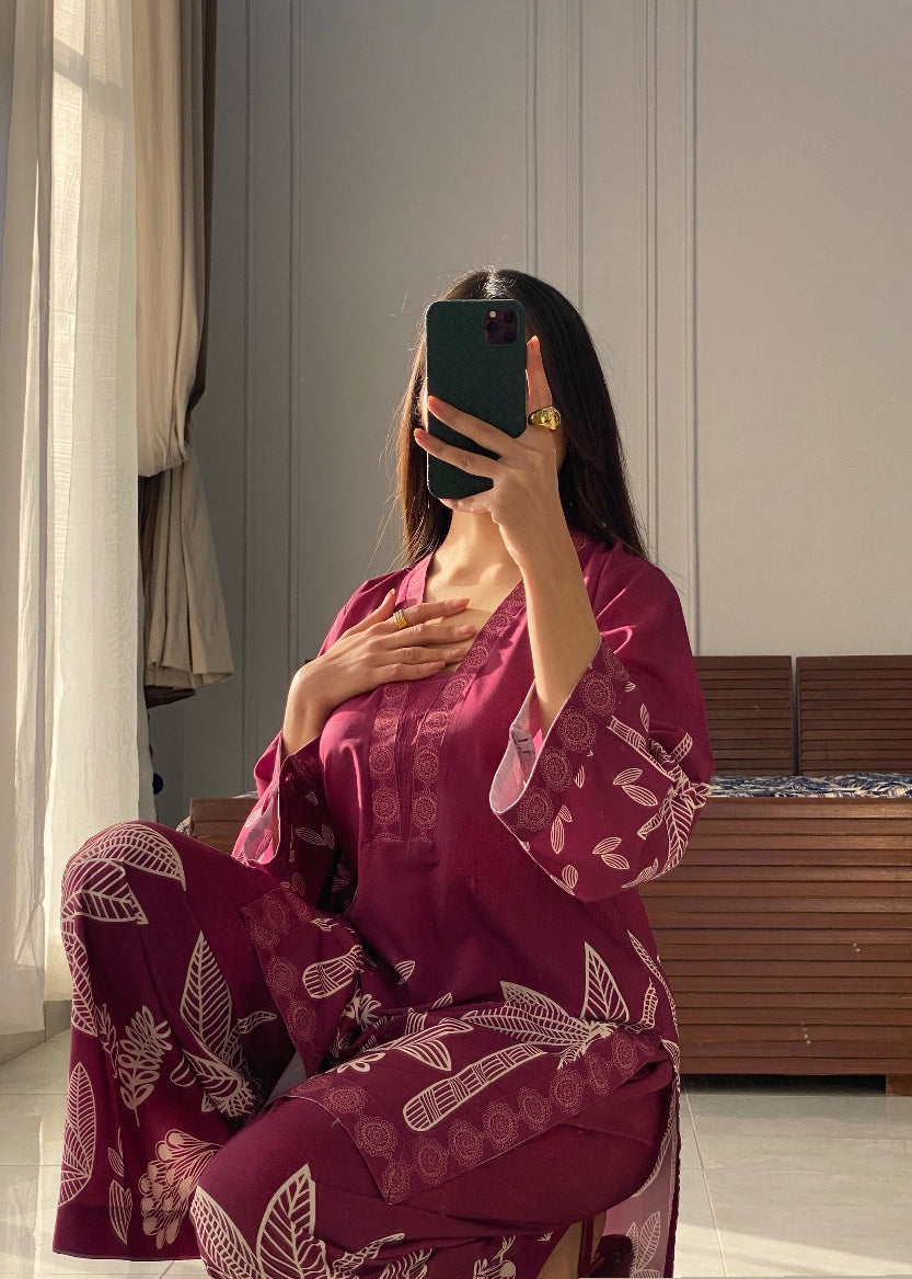 slub lawn Co Ord Sets in Maroon