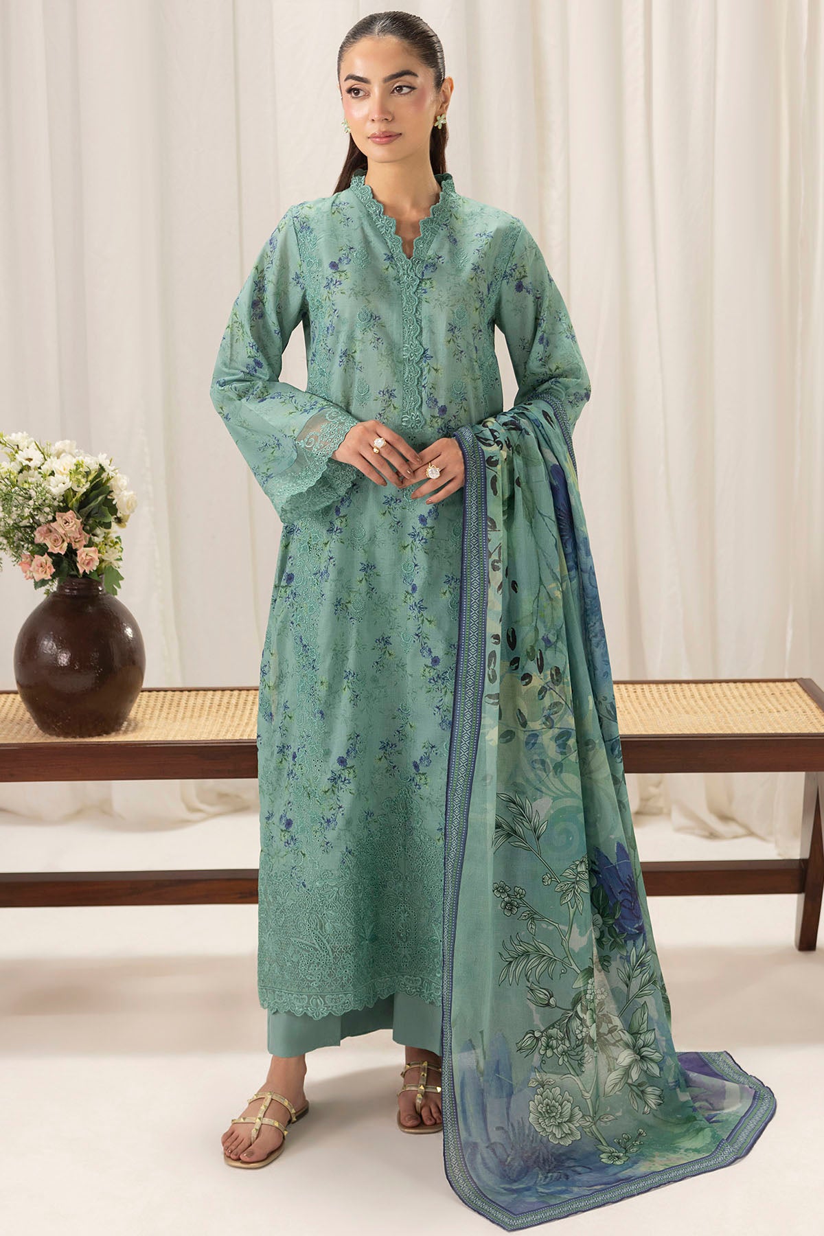 lawn Kurta Set in Steel teal