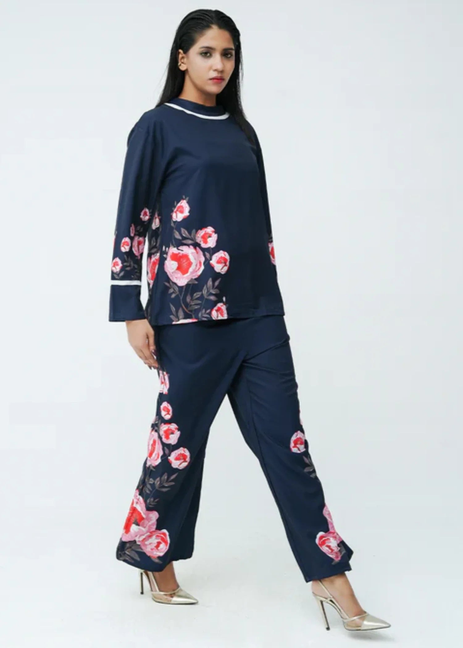 blended satin polyester Co ord Sets in Navy blue