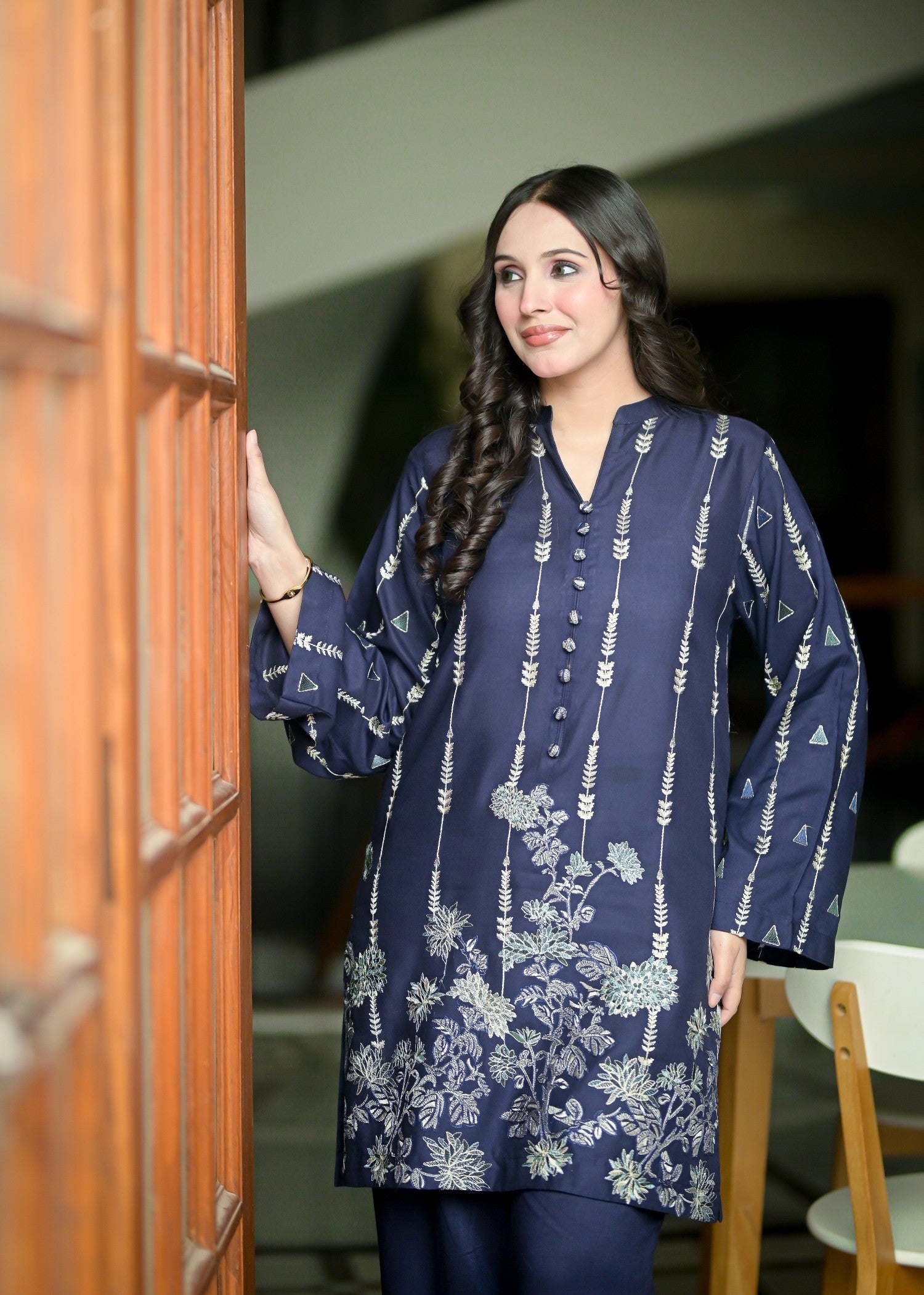 linen Kurta Set in Navy blue