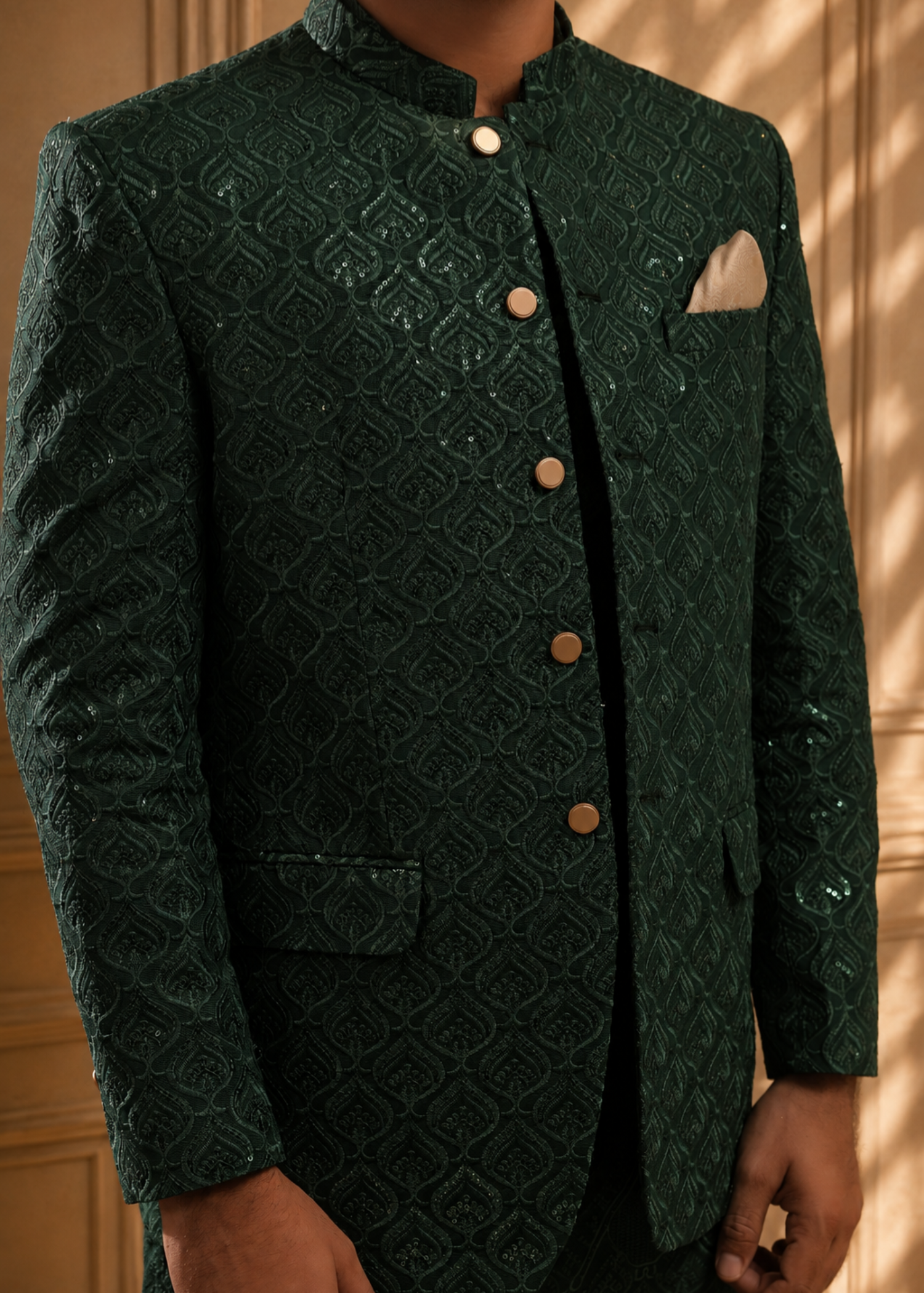 jamawar Prince Coat in Dark green