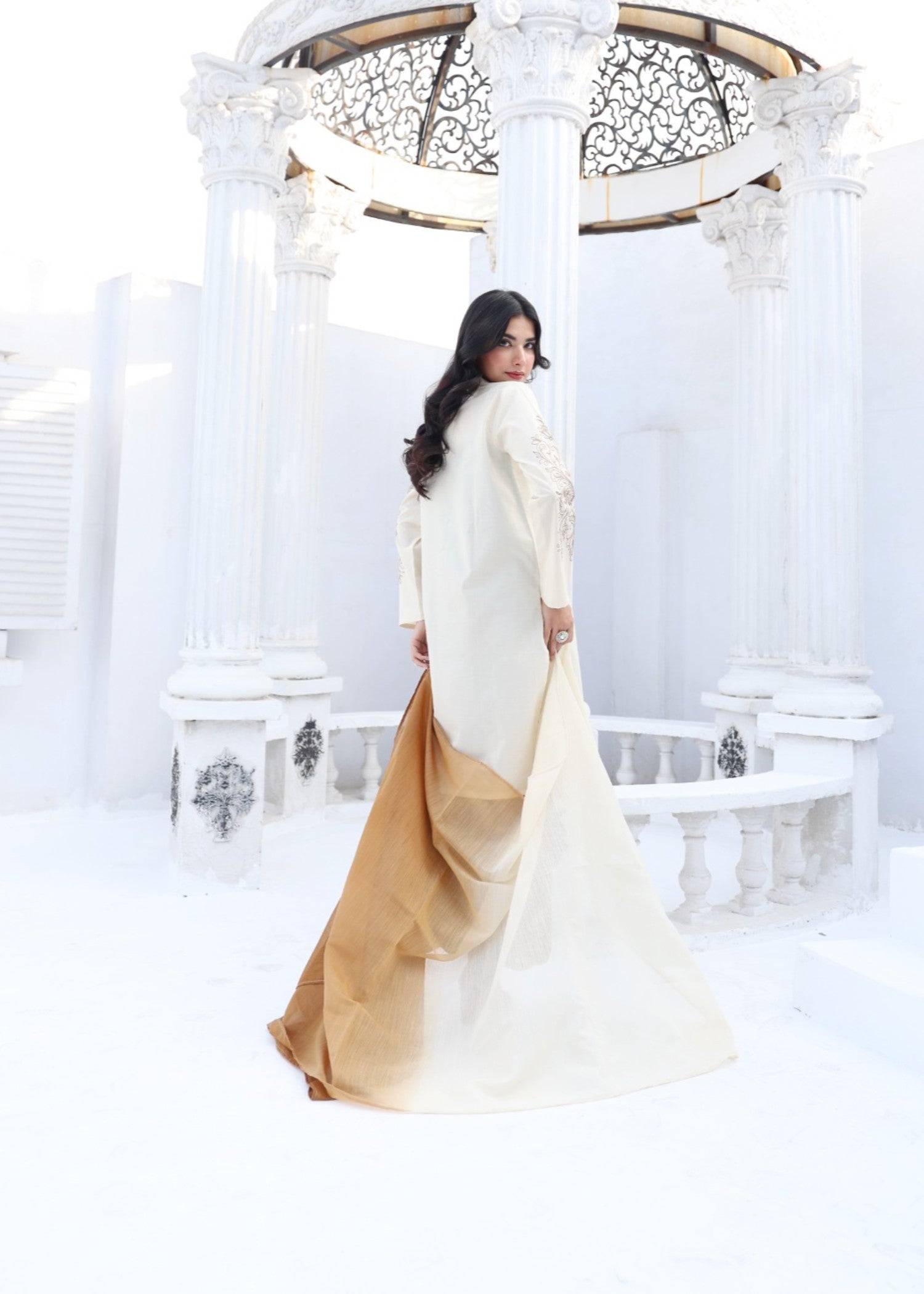 cotton Kurta Set in Off-white, caramel brown