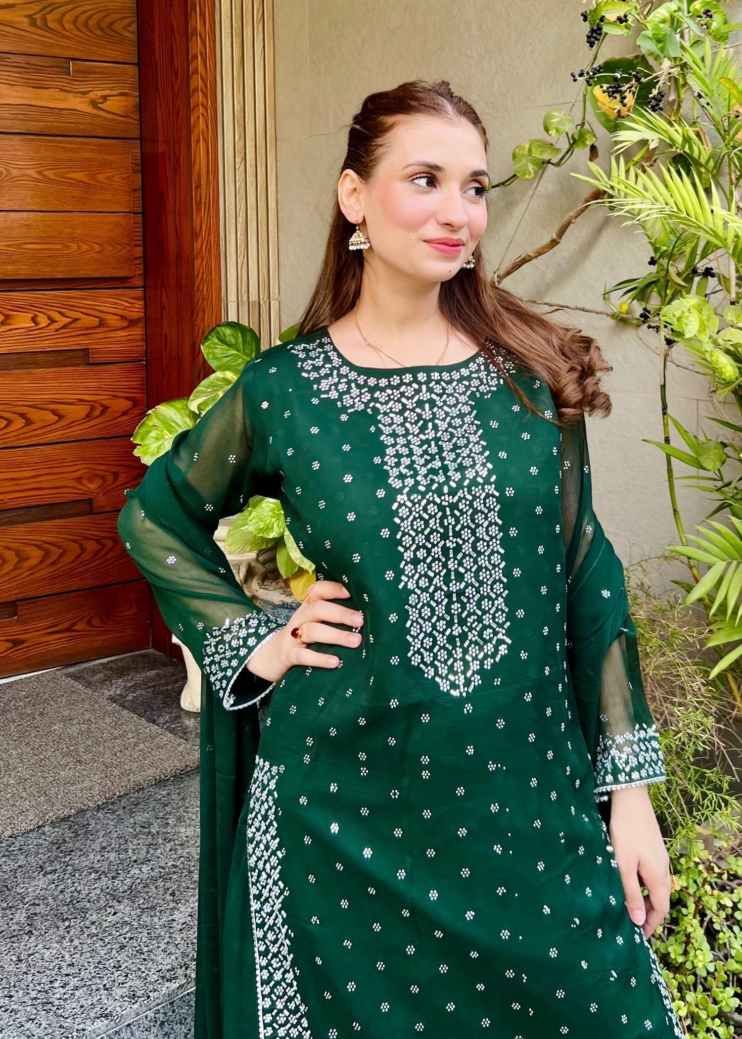 chiffon Sharara in Bottle green