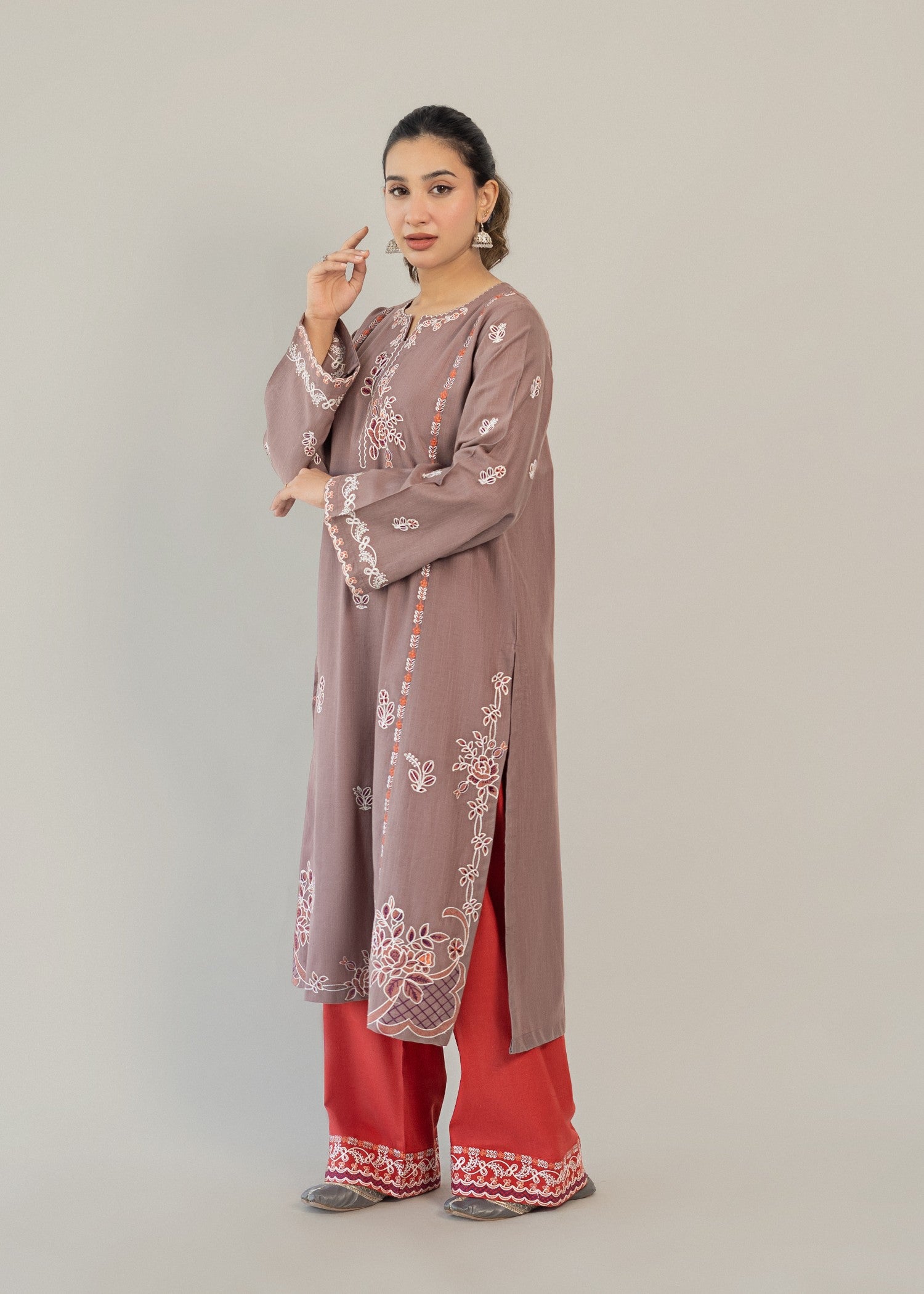 slub khaddar Kurta Set in Red, mauve