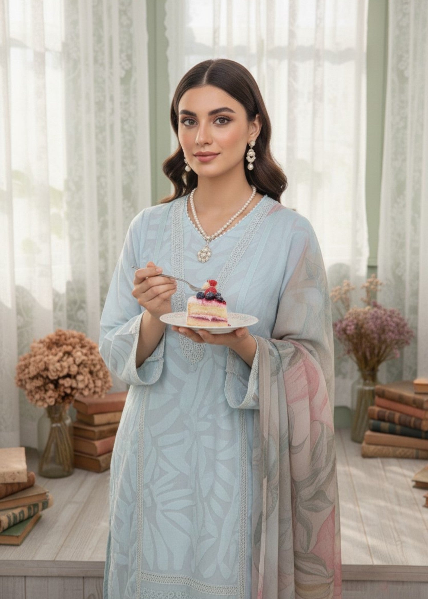 jacquard organza Kurta Set in Light blue